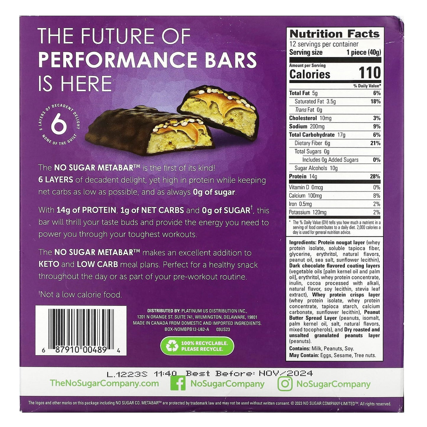 No Sugar Company, MetaBar, Chocolate Peanut Crunch, 12 Bars, 1.41 oz (40 g) Each