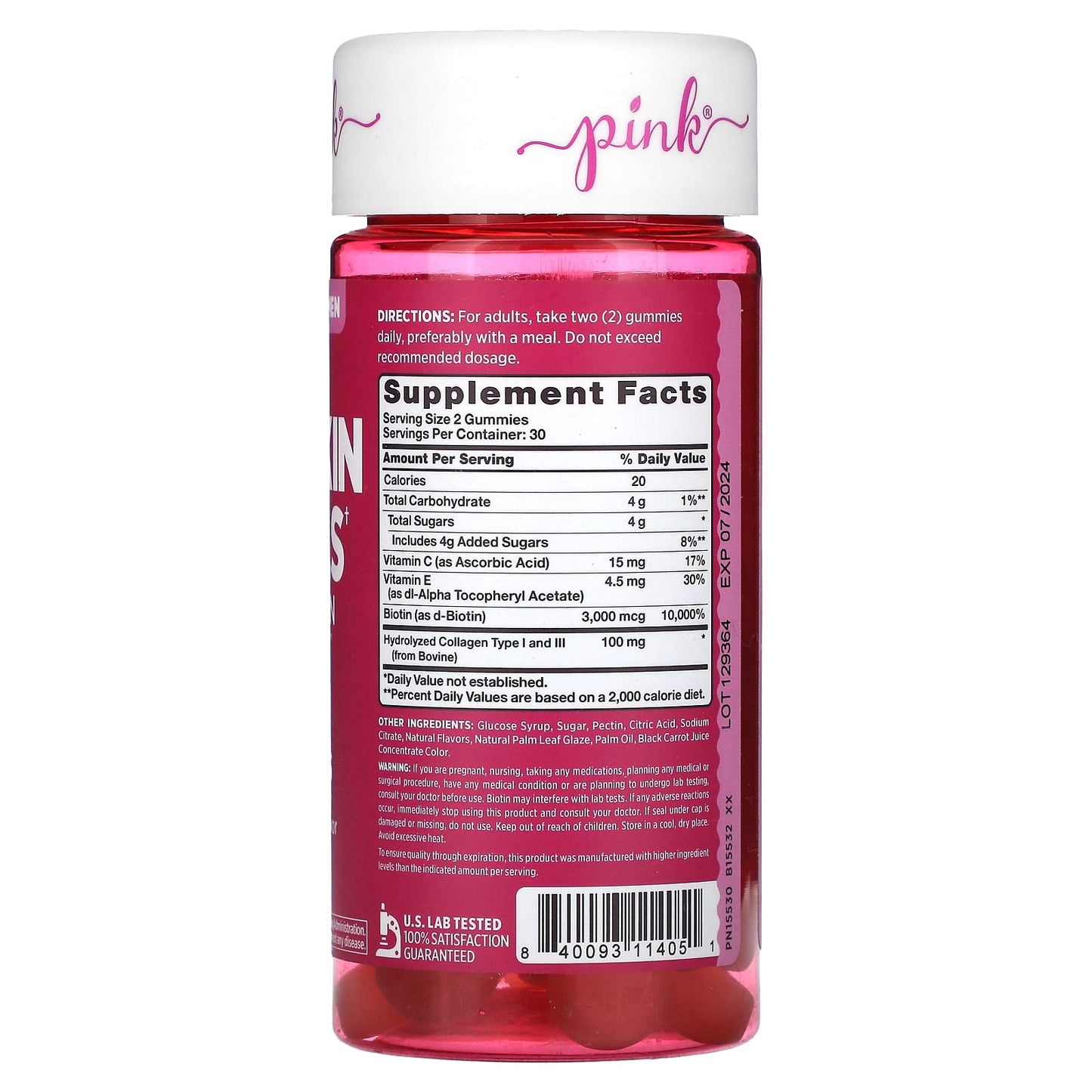 Pink, Beautiful Hair, Skin & Nails + Collagen, Natural Strawberry, 60 Gummies