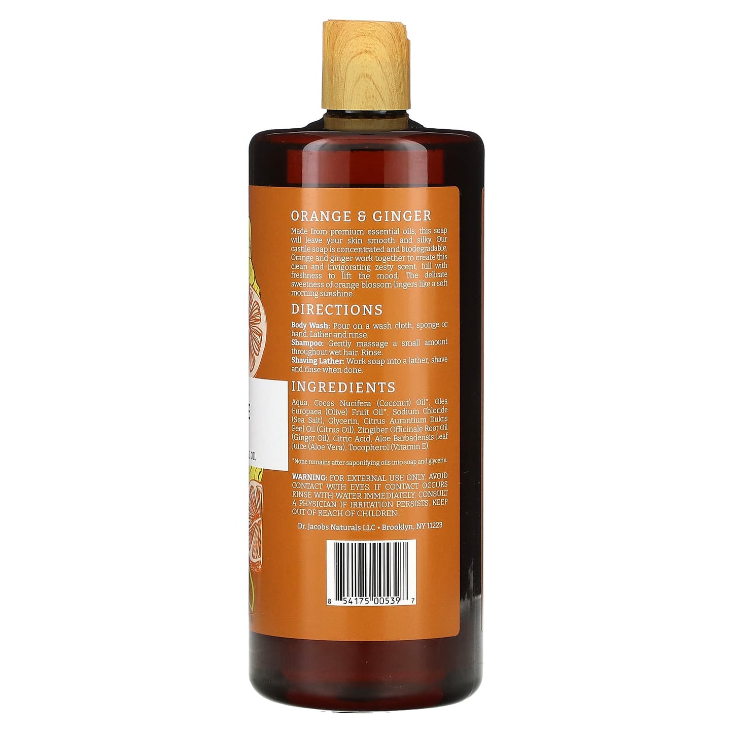 Dr. Jacobs Naturals, Plant-Based Rich Castile Body Wash + Orange & Ginger Essential Oil, 32 oz (946 ml)