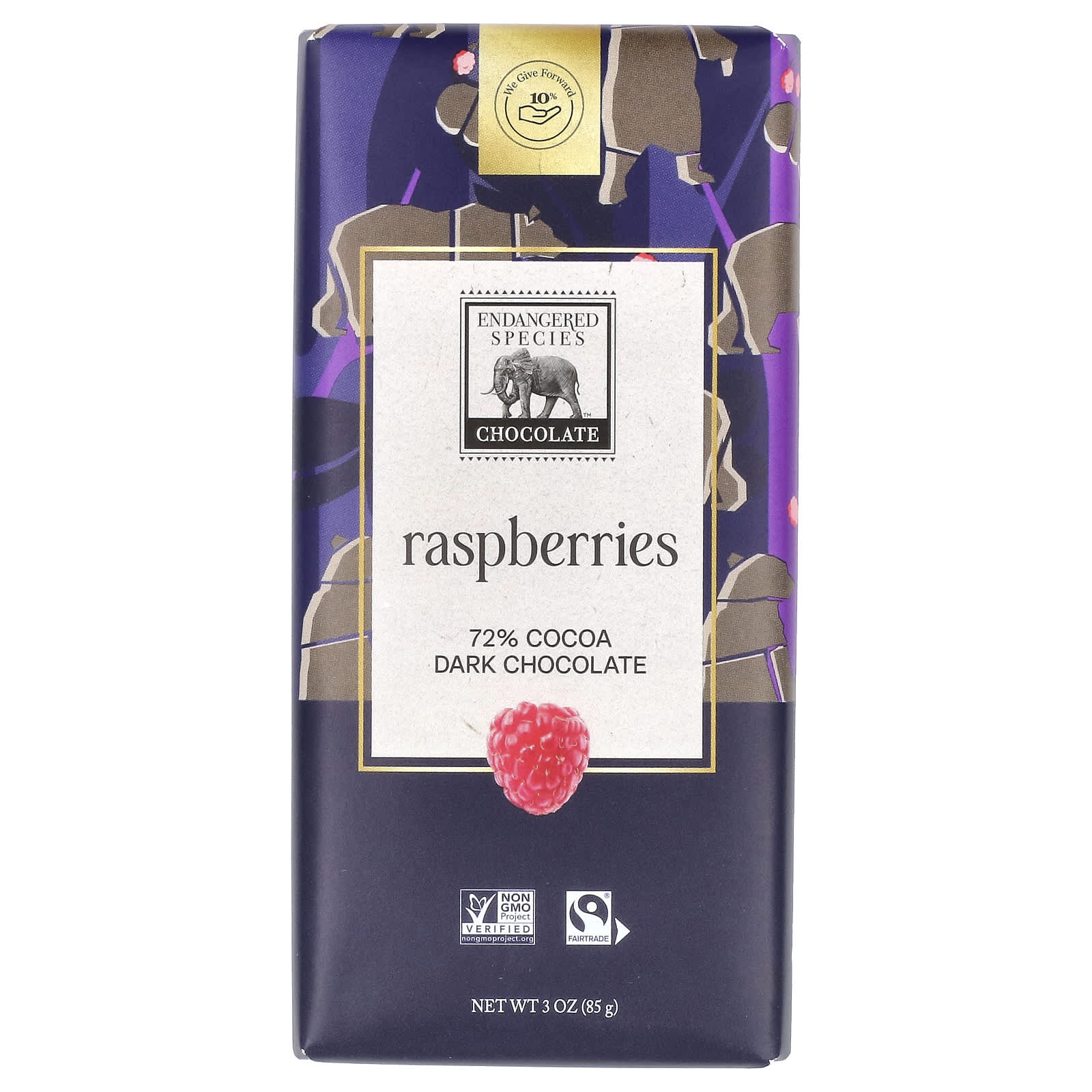 Endangered Species Chocolate-Raspberries + Dark Chocolate-72% Cocoa-3 oz (85 g)