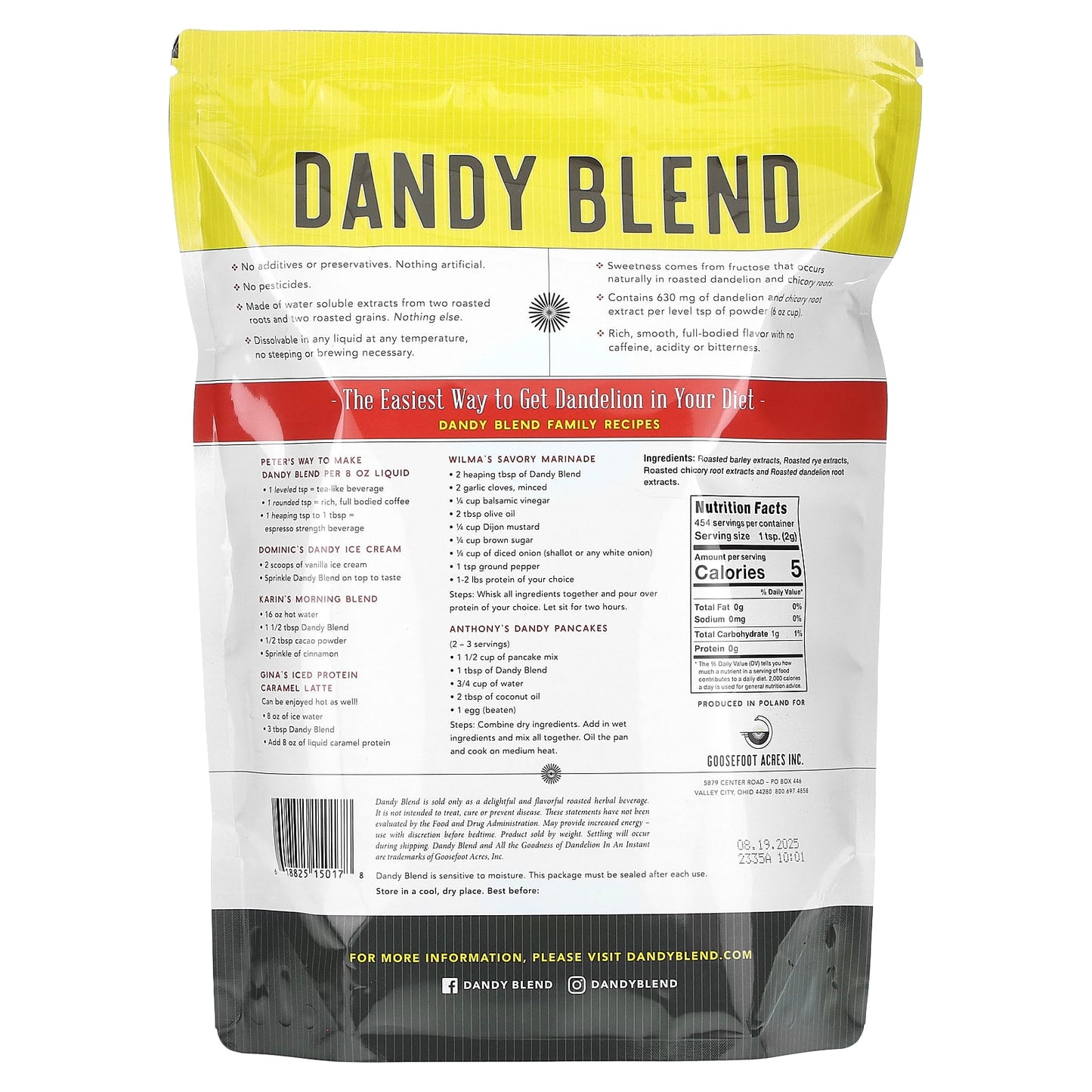 Dandy Blend, Instant Herbal Beverage with Dandelion, Dandy Blend, Caffeine Free, 2 lbs (908 g)