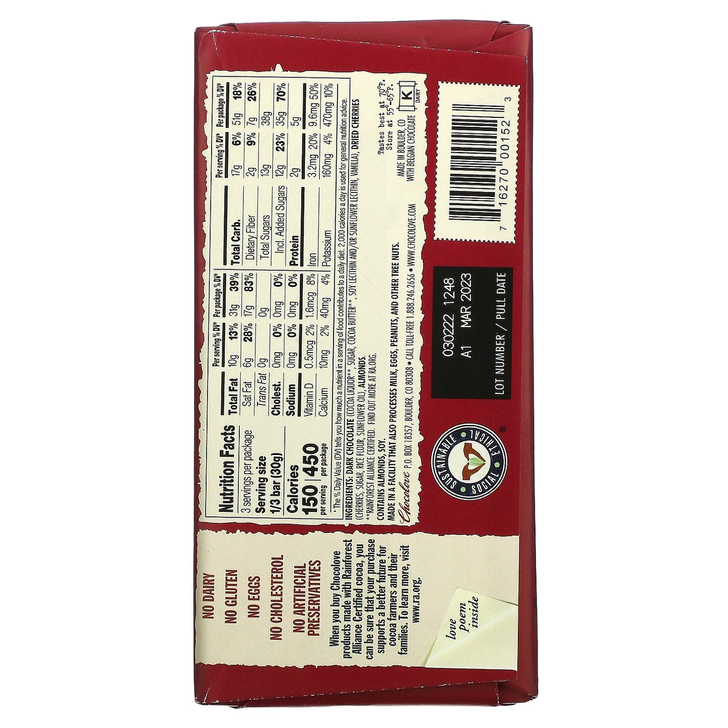 Chocolove, Cherries & Almonds in Dark Chocolate, 55% Cocoa, 3.2 oz (90 g)