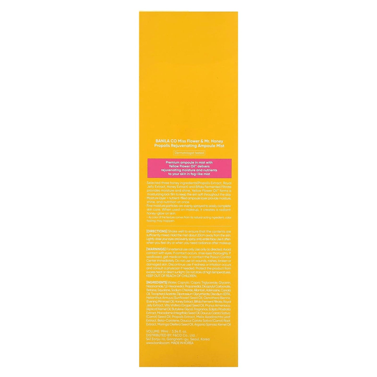 Banila Co, Miss Flower & Mr. Honey Propolis Rejuvenating Ampoule Mist, 3.34 fl oz (99 ml)