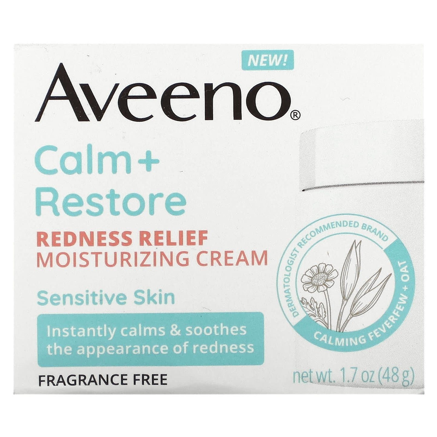 Aveeno, Calm + Restore, Redness Relief Moisturizing Cream, Sensitive Skin, Fragrance Free, 1.7 oz (48 g)