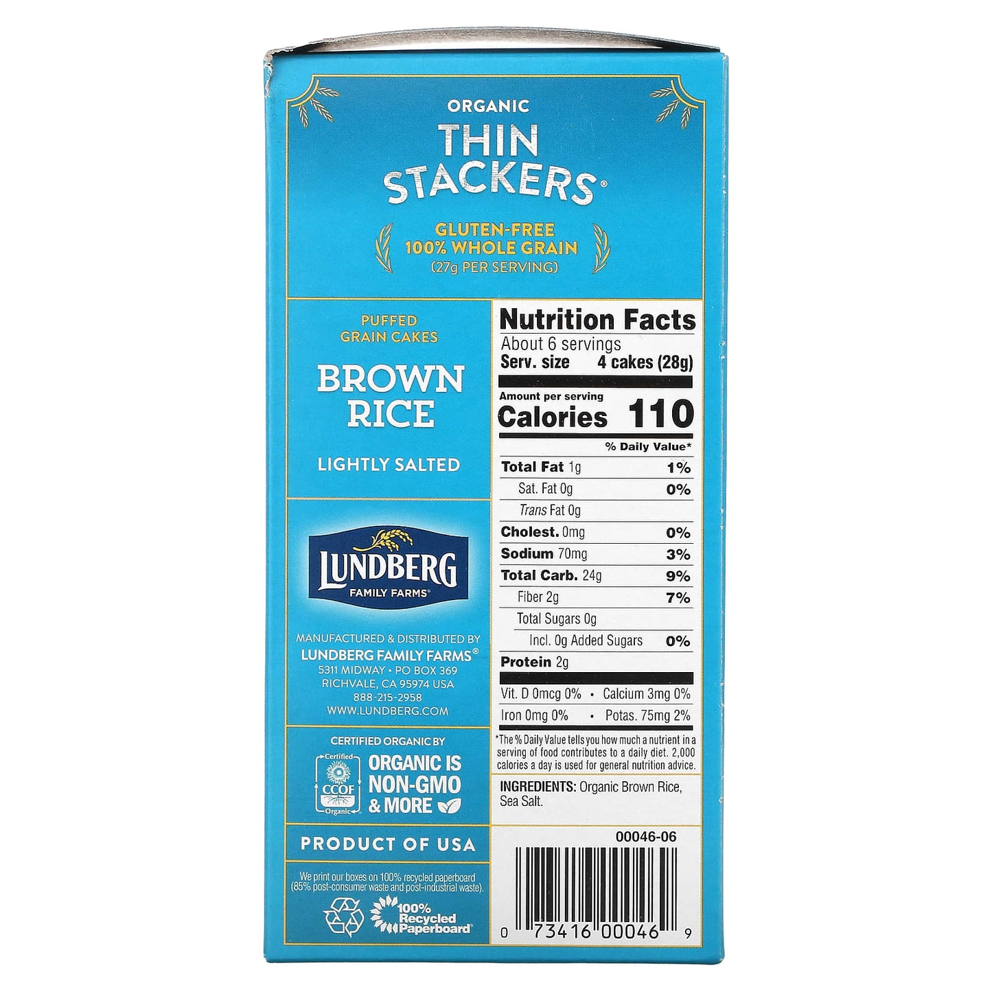 Lundberg, Organic Thin Stackers, Puffed Grain Cakes, Brown Rice, Lightly Salted,  24 Rice Cakes, 6 oz (168 g)