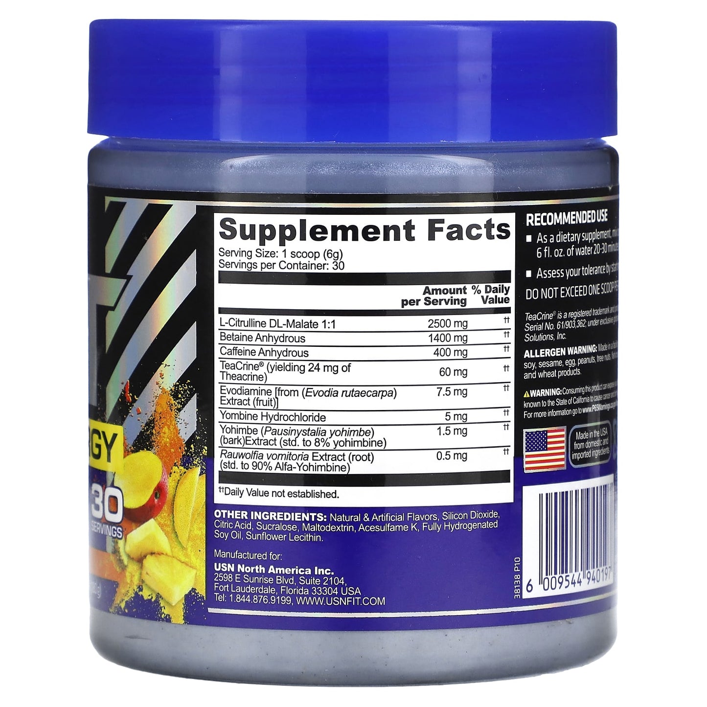 USN, 3XT Max Energy, High Stimulant & Thermogenic Pre-Workout, Pineapple Mango, 6.35 oz (180 g)