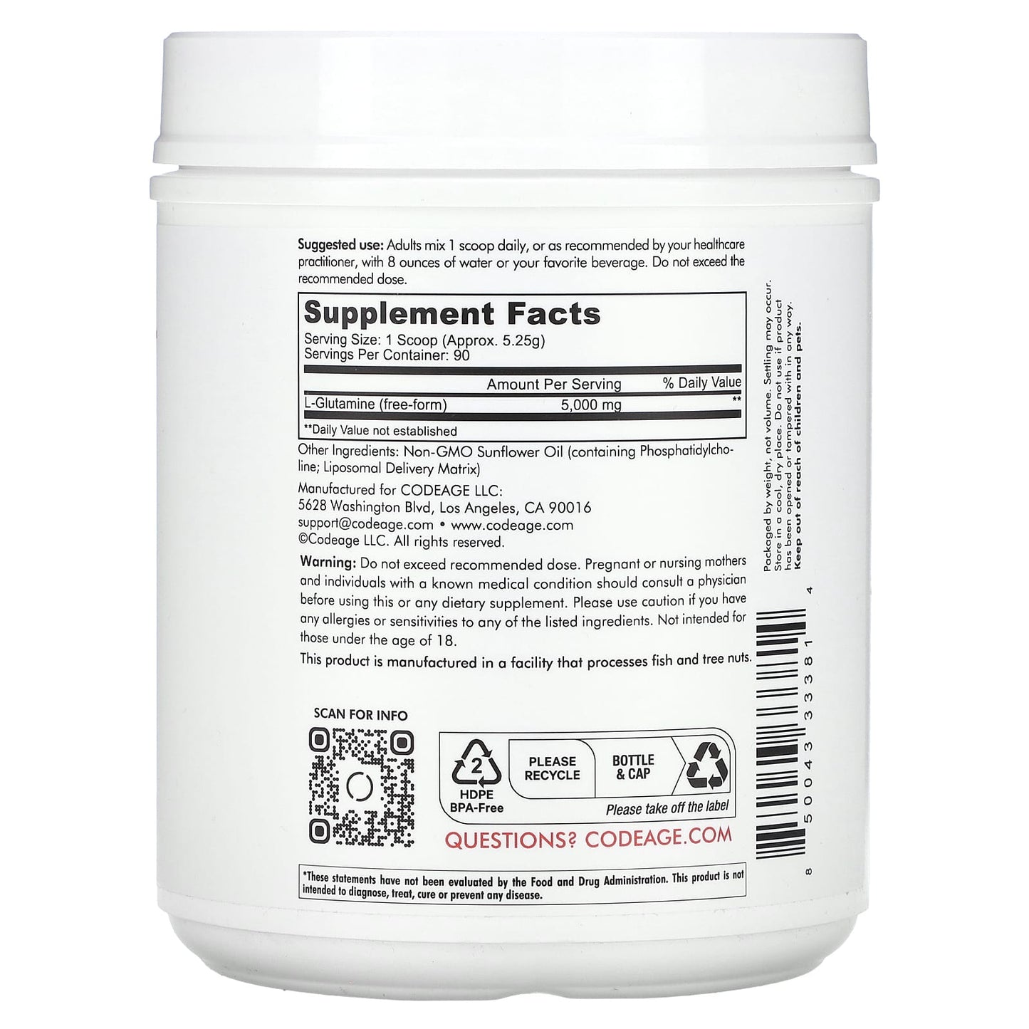 Codeage, Liposomal L-Glutamine+ Powder, Free-Form Amino Acid, Enhanced Absorption, Unflavored, 1 lb (472.5 g)