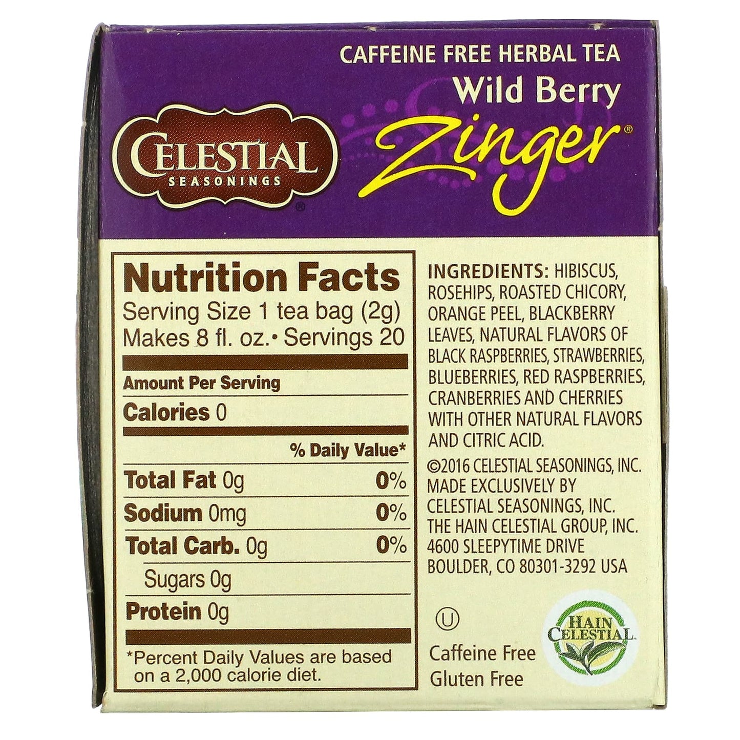 Celestial Seasonings, Herbal Tea, Caffeine Free, Wild Berry Zinger, 20 Tea Bags, 1.7 oz (47 g)