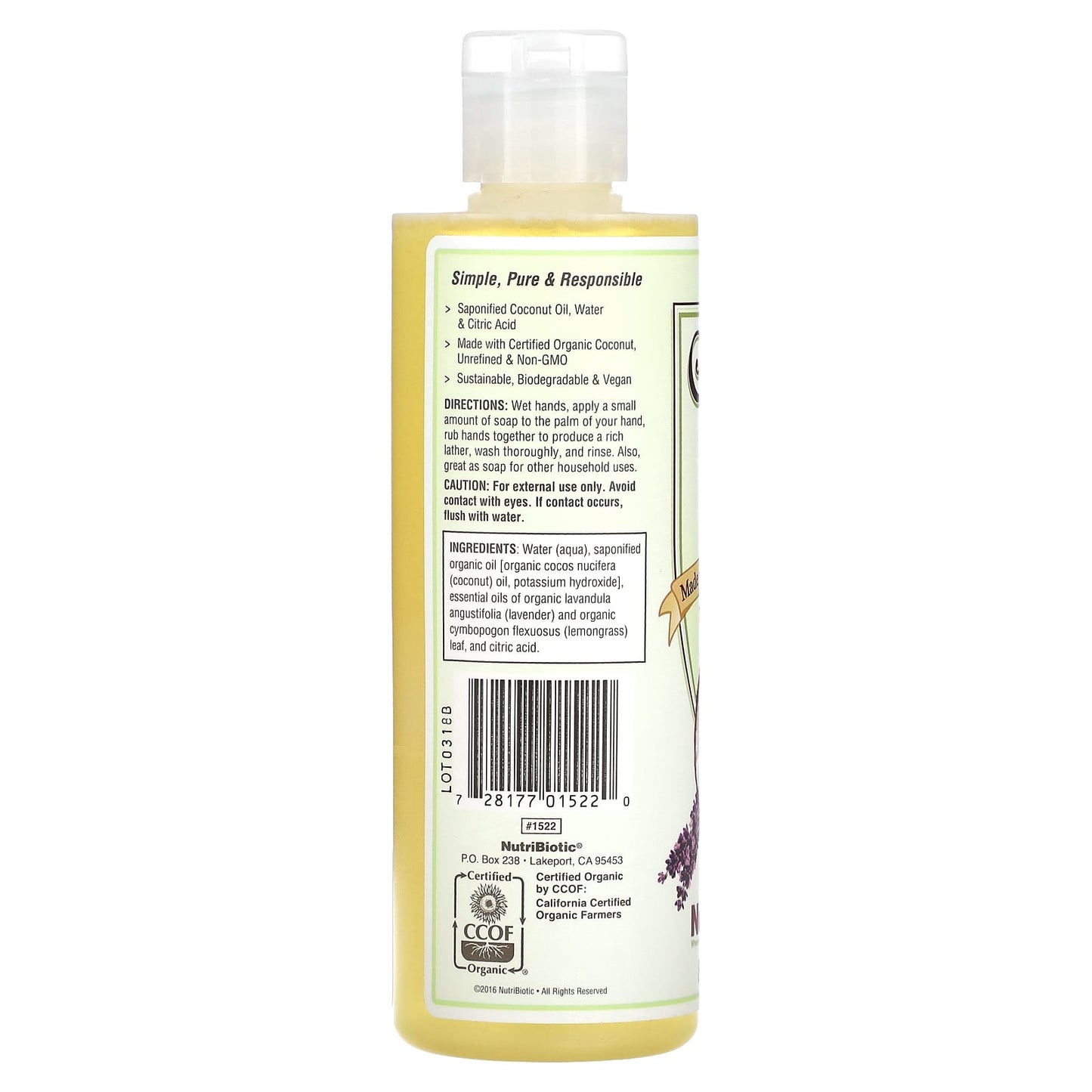 NutriBiotic, Pure Coconut Oil Soap, Lavender Lemongrass, 8 fl oz (236 ml)