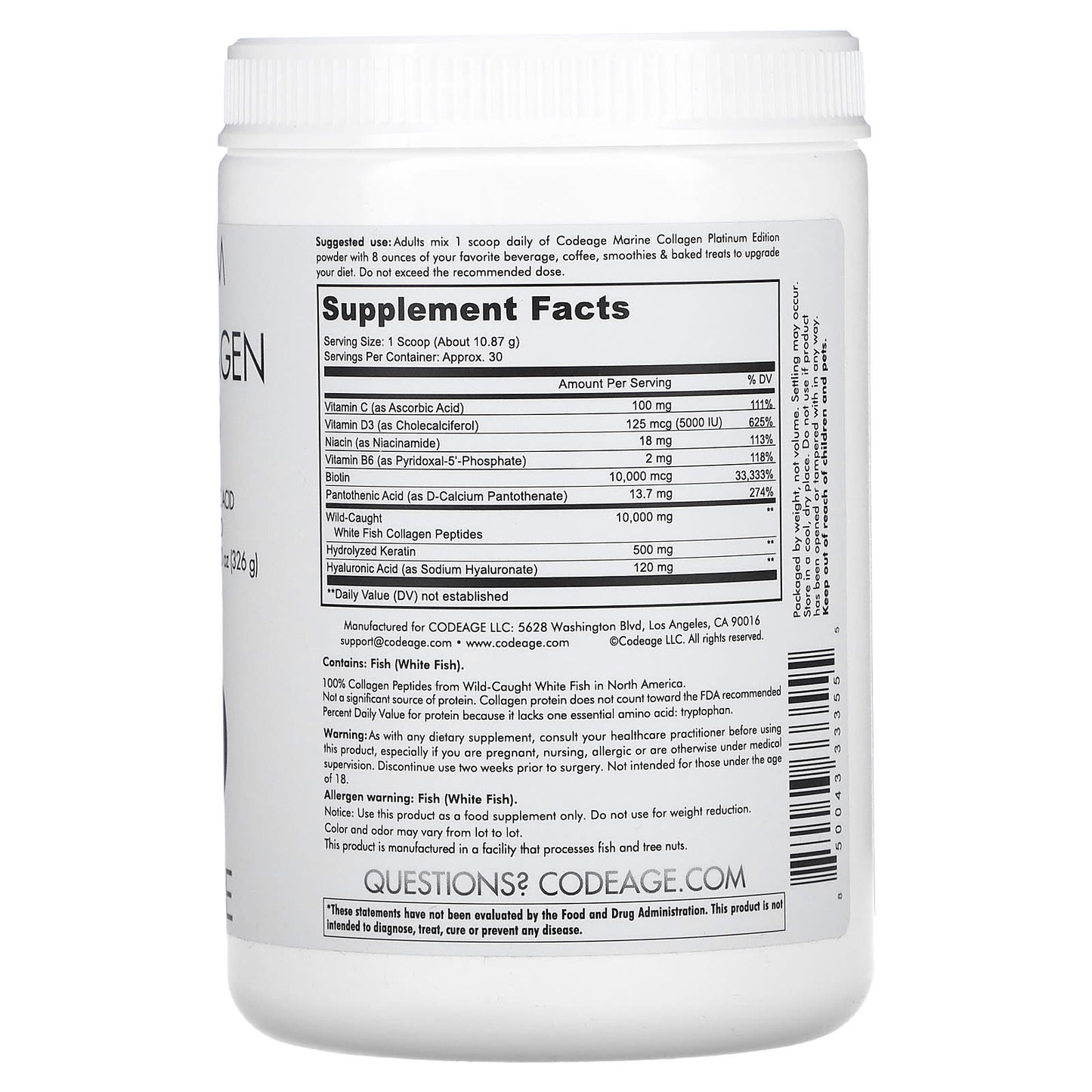 Codeage, Platinum, Marine Collagen Peptides Powder, Biotin, Keratin, Hyaluronic Acid, Unflavored, 11.5 oz (326 g)