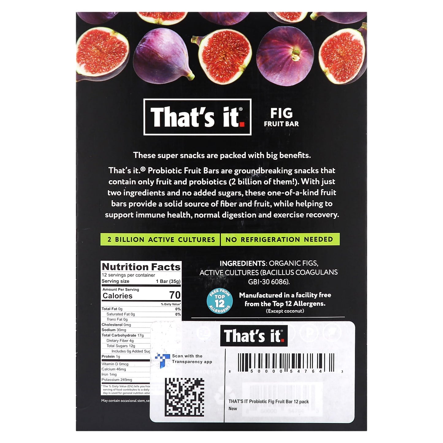 That's It, Prebiotics + Probiotics Fruit Bar, Fig, 12 Bars, 1.2 oz (35 g) Each