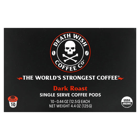 Death Wish Coffee-The World's Strongest Coffee-Dark Roast-10 Single Serve Coffee Pods-0.44 oz (12.5 g) Each