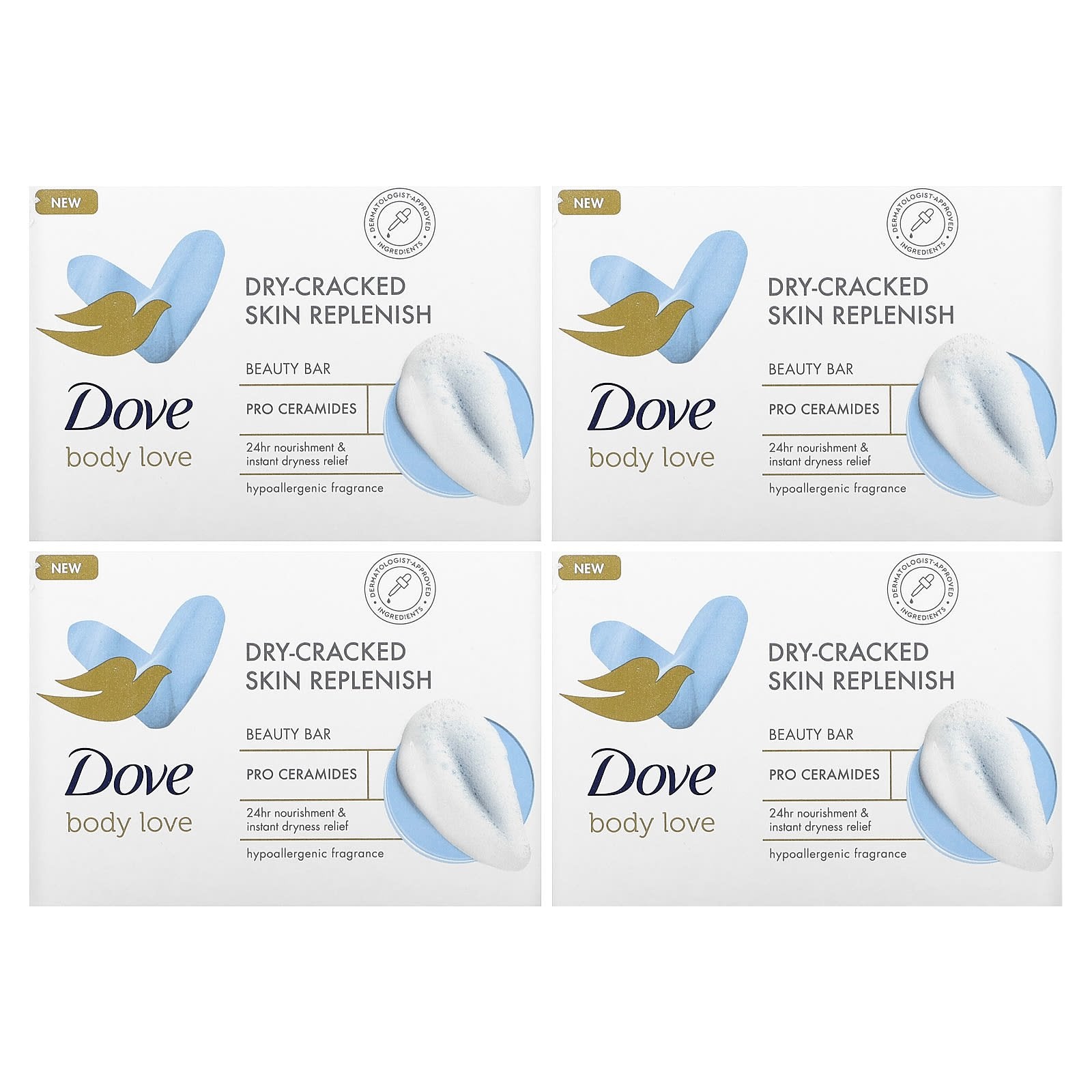 Dove-Body Love-Beauty Bar Soap-Dry-Cracked Skin Replenish-2 Bars-3.75 oz (106 g) Each