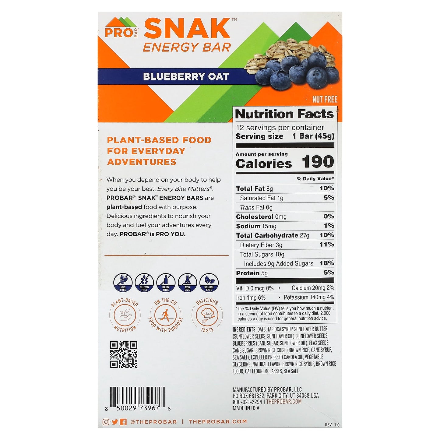 ProBar, Snak, Energy Bar, Blueberry Oat, 12 Bars, 1.6 oz (45 g) Each