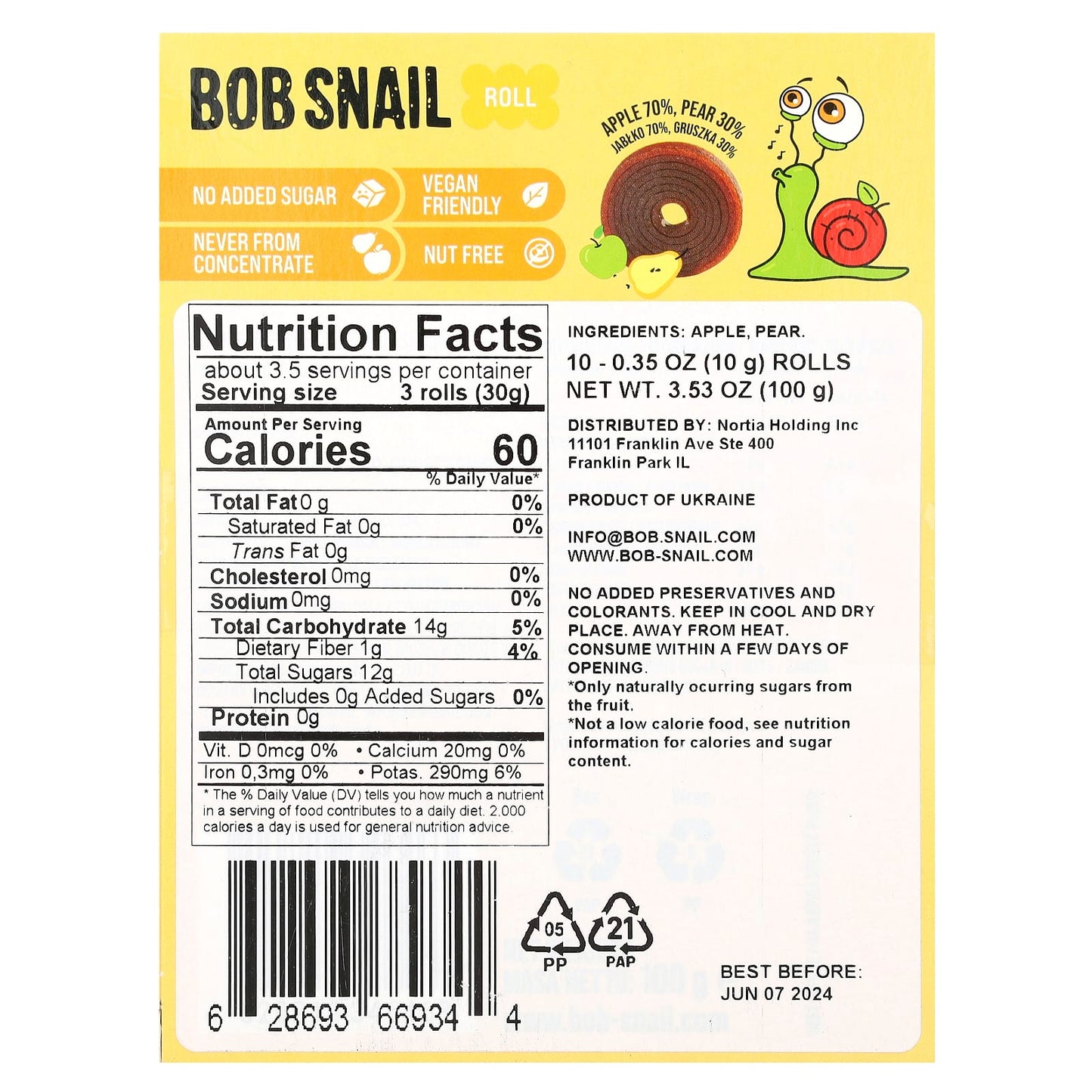 Bob Snail, Fruit Rolls, Apple-Pear, 10 Rolls, 0.35 oz (10 g) Each