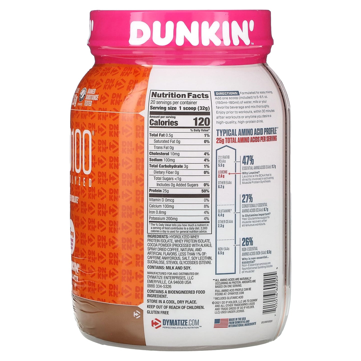 Dymatize, ISO100 Hydrolyzed, 100% Whey Protein Isolate, Dunkin’ Mocha Latte, 1.4 lb (650 g)