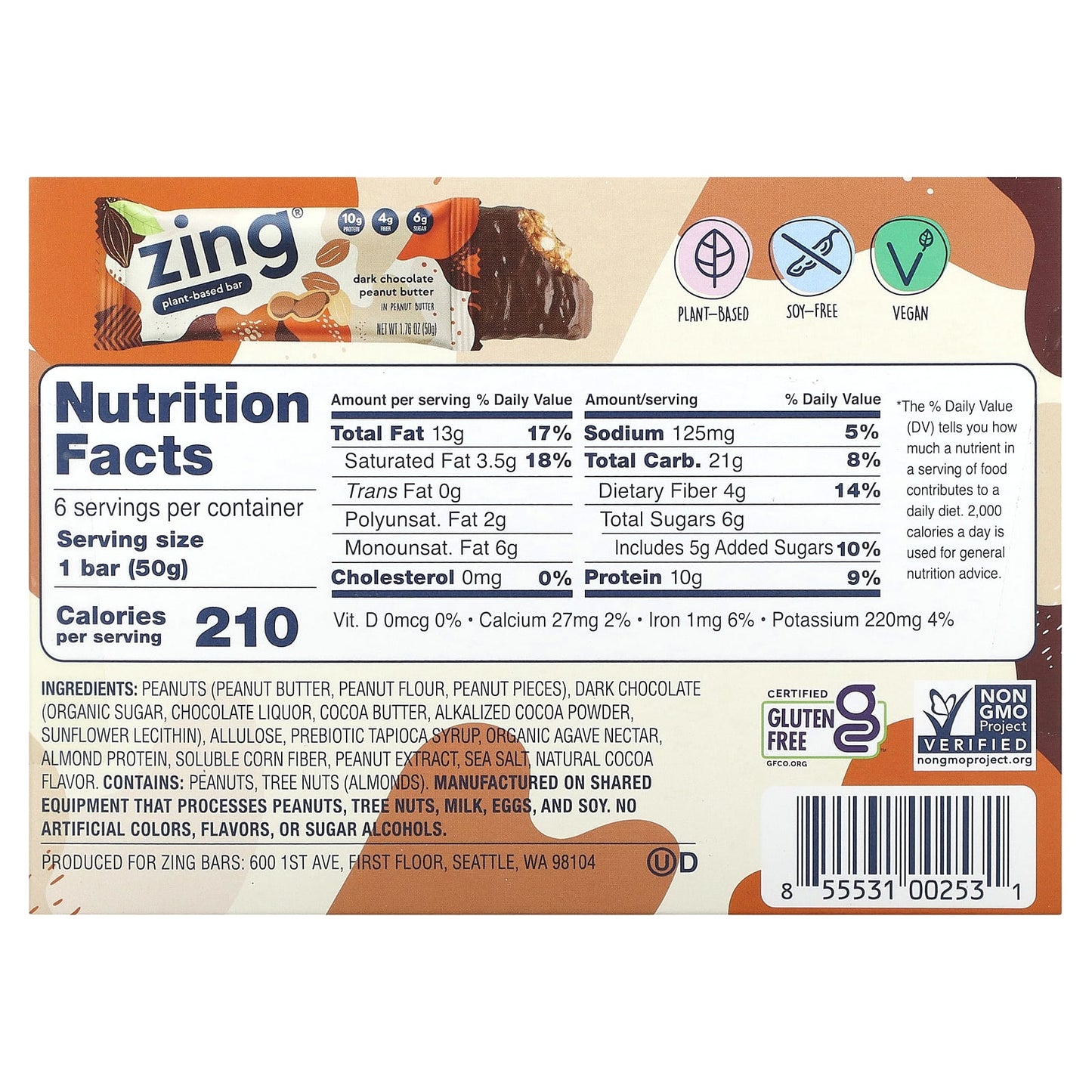 Zing Bars, Plant-Based Bar, Dark Chocolate Peanut Butter in Peanut Butter, 6 Bars, 1.74 oz (50 g) Each