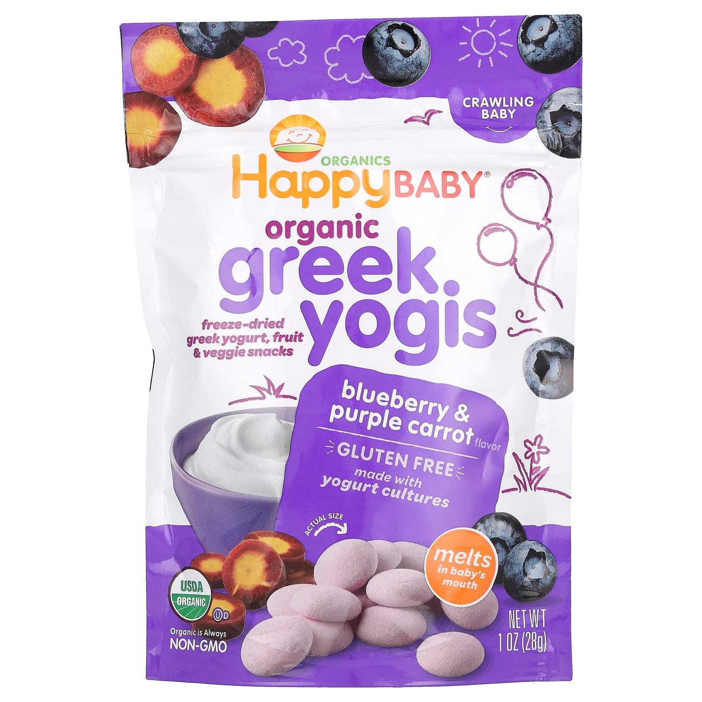 Happy Family Organics-Organic Greek Yogis-Blueberry & Purple Carrot-1 oz (28 g)