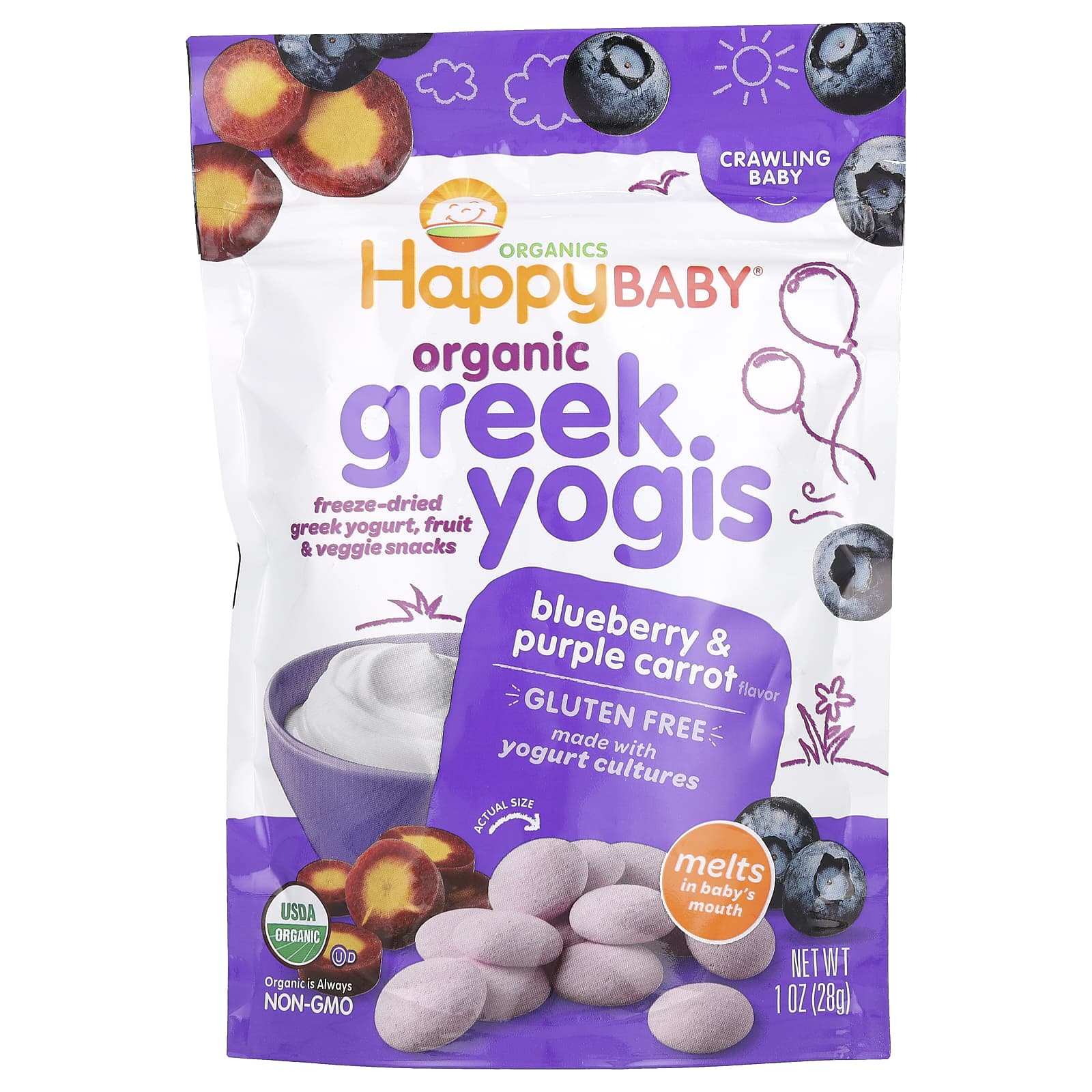 Happy Family Organics-Organic Greek Yogis-Blueberry & Purple Carrot-1 oz (28 g)