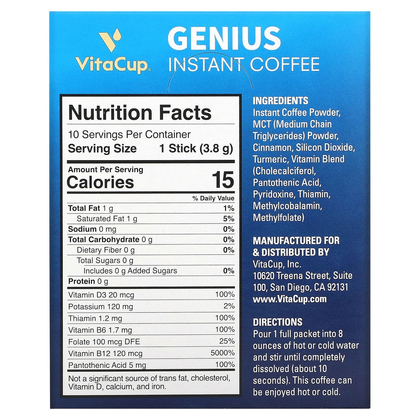 VitaCup, Genius Instant Coffee,  Medium Dark Roast, 10 On-The-Go Sticks, 0.13 oz (3.8 g) Each