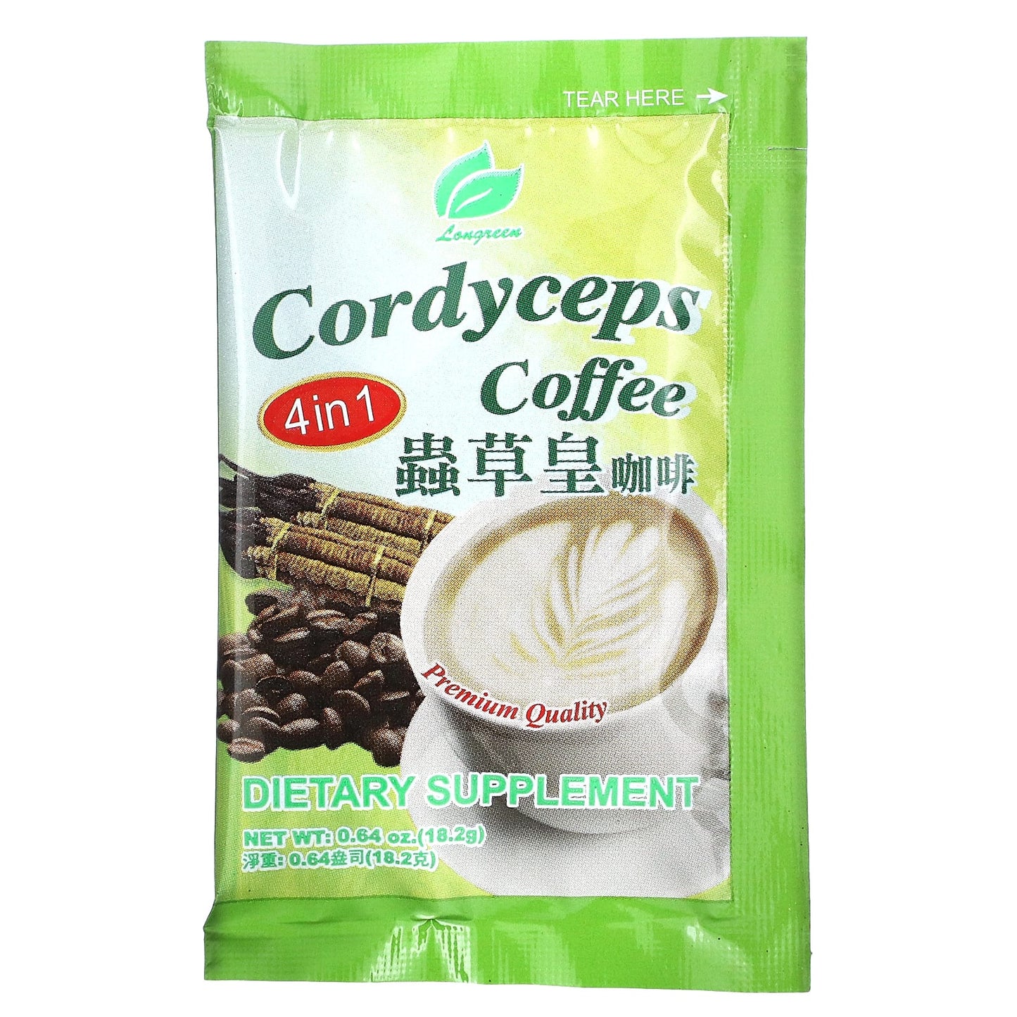 Longreen, 4 in 1 Cordyceps Coffee, 10 Sachets, 0.64 oz (18.2 g) Each