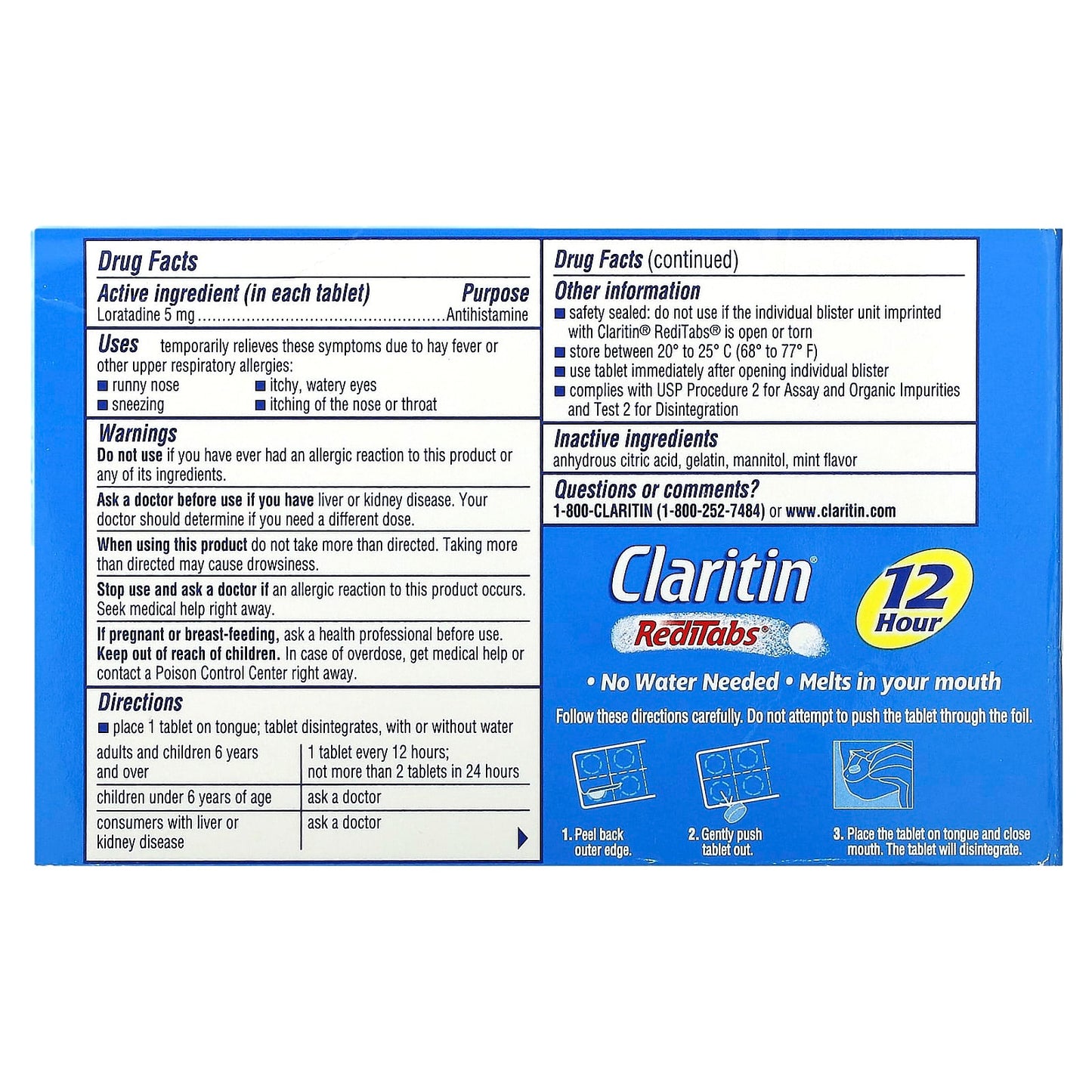 Claritin, Non-Drowsy RediTabs, Indoor & Outdoor Allergies, 5 mg, 30 Orally Disintegrating Tablets