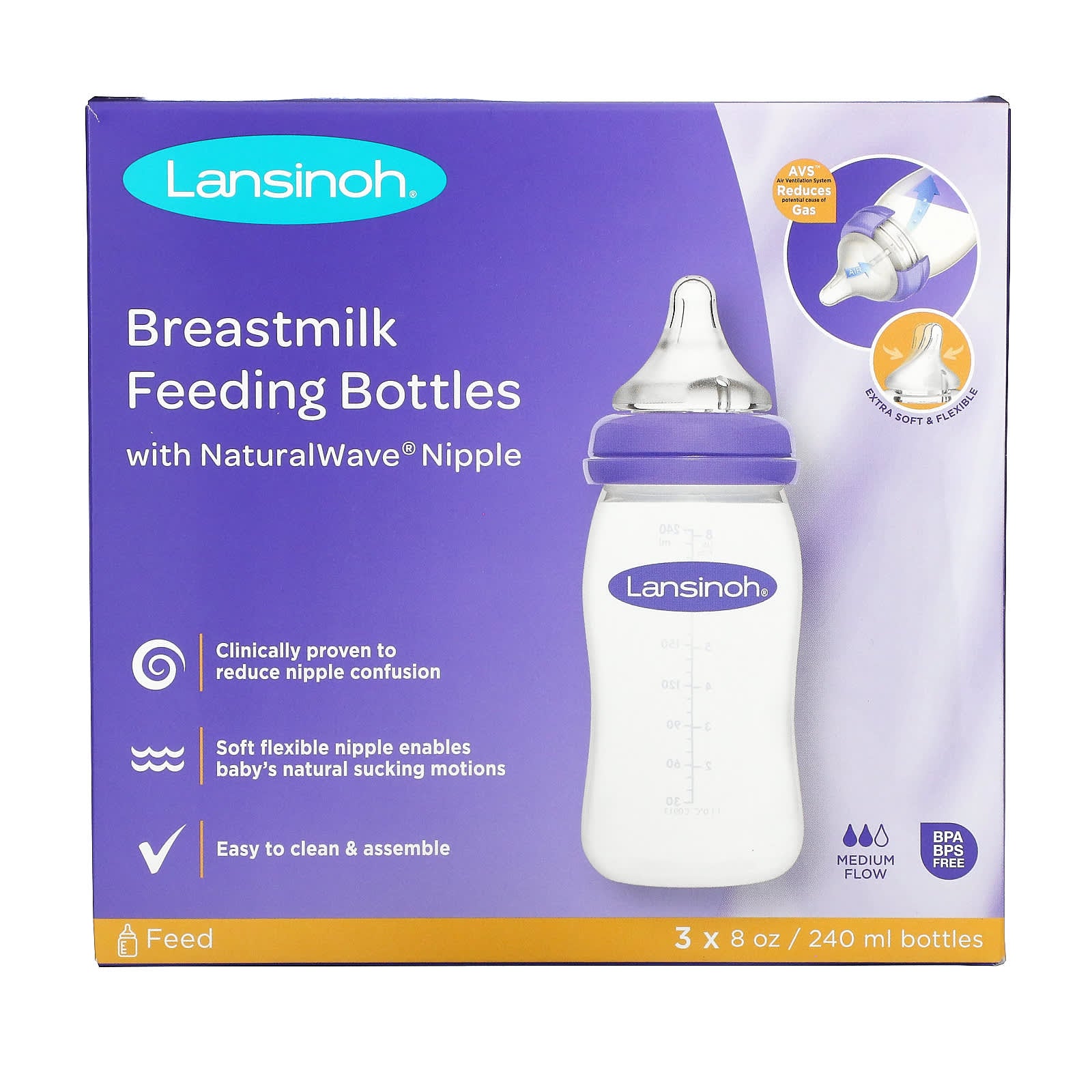 Lansinoh-Breastmilk Feeding Bottles with NaturalWave Nipple-Medium Flow-3 Bottles-8 oz (240 ml) Each