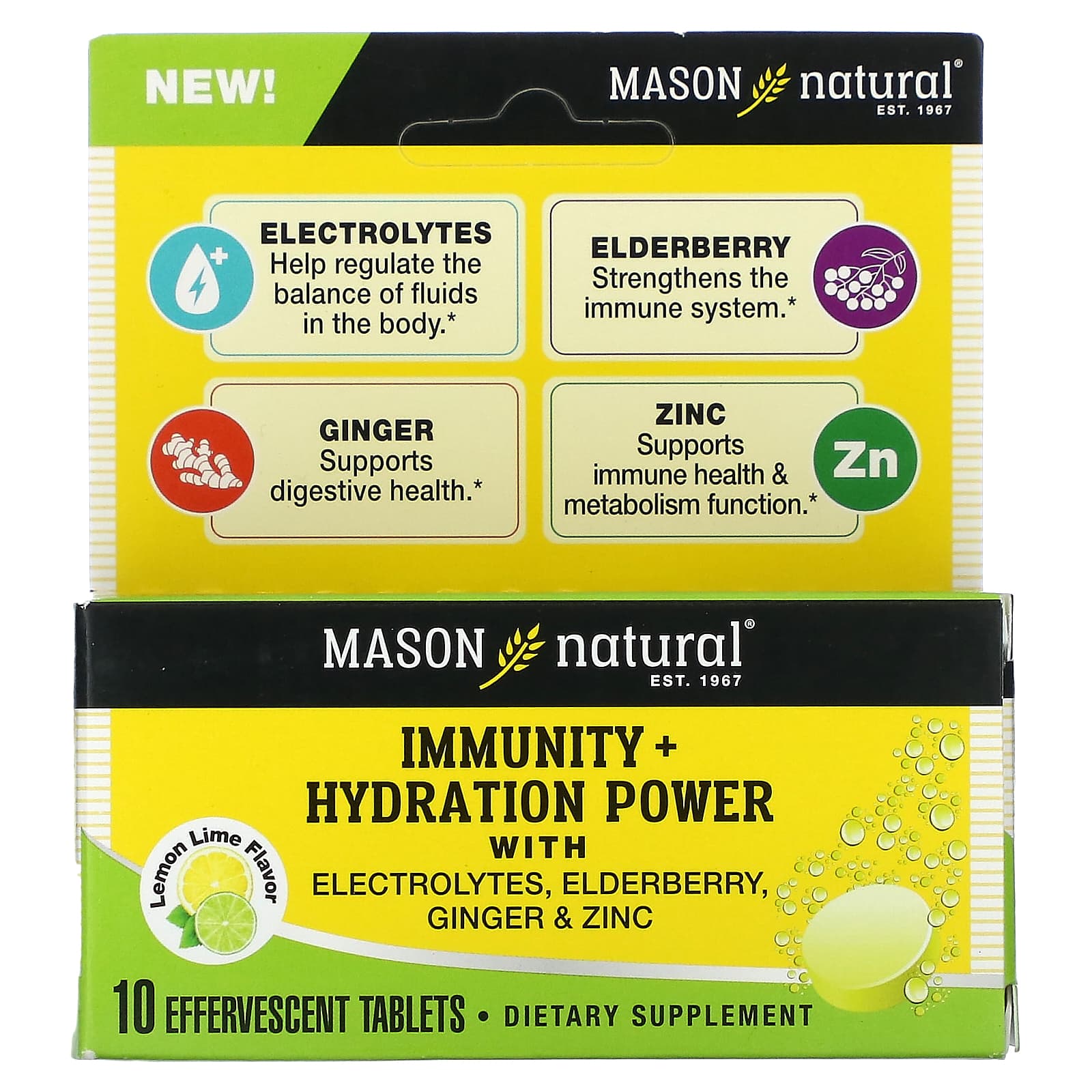 Mason Natural-Immunity + Hydration Power with Electrolytes-Elderberry-Ginger & Zinc-Lemon Lime-10 Effervescent Tablets