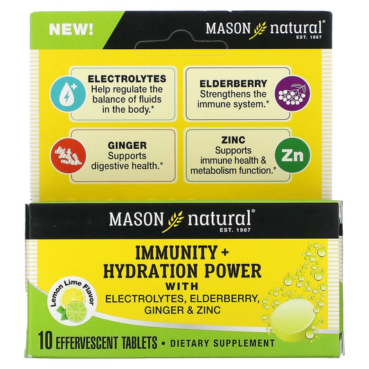 Mason Natural-Immunity + Hydration Power with Electrolytes-Elderberry-Ginger & Zinc-Lemon Lime-10 Effervescent Tablets