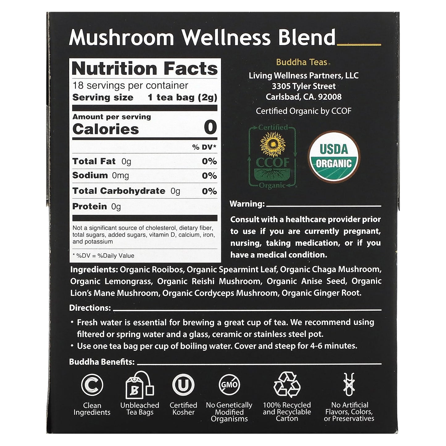 Buddha Teas, Organic Herbal Tea, Mushroom Wellness Blend, Caffeine Free, 18 Tea Bags, 1.14 oz (32 g)