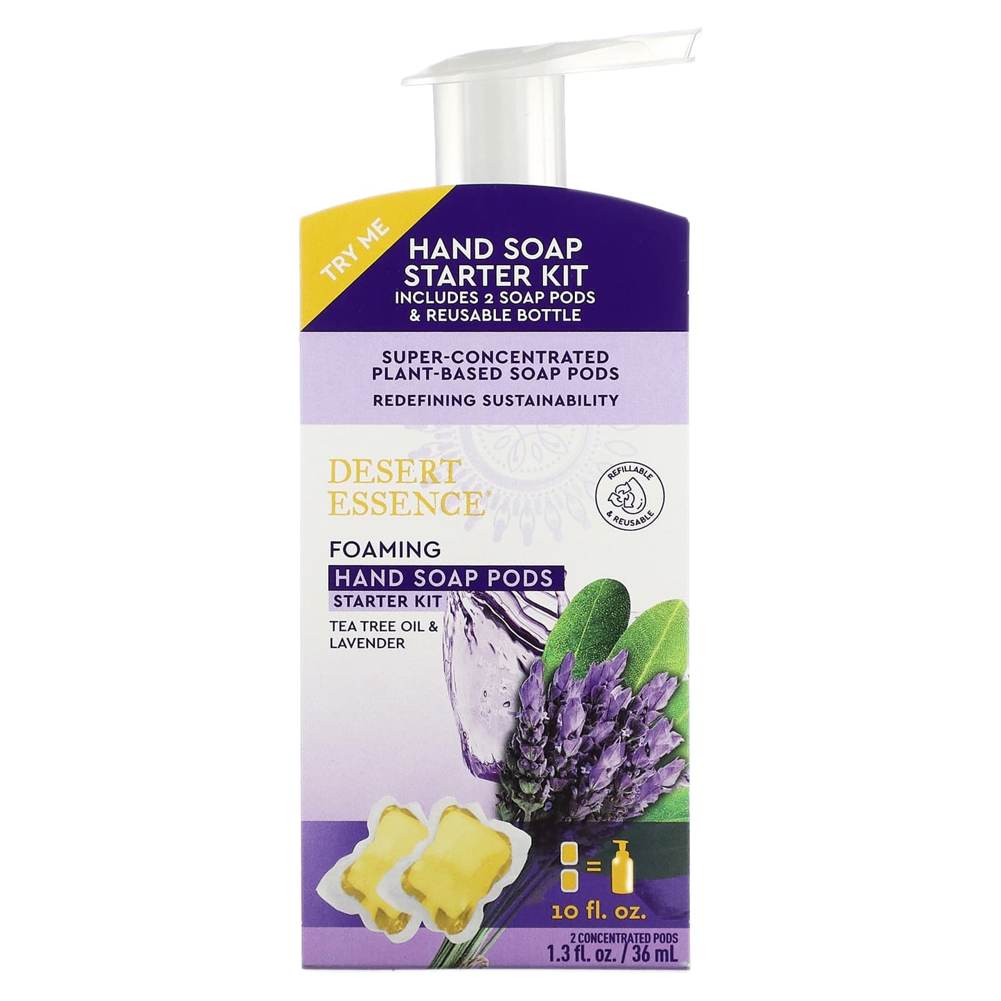 Desert Essence-Foaming Hand Soap Pods Starter Kit-Tea Tree Oil & Lavender-2 Concentrated Pods-1.3 fl oz (36 ml) + 1 Bottle-10 fl oz (300 ml)