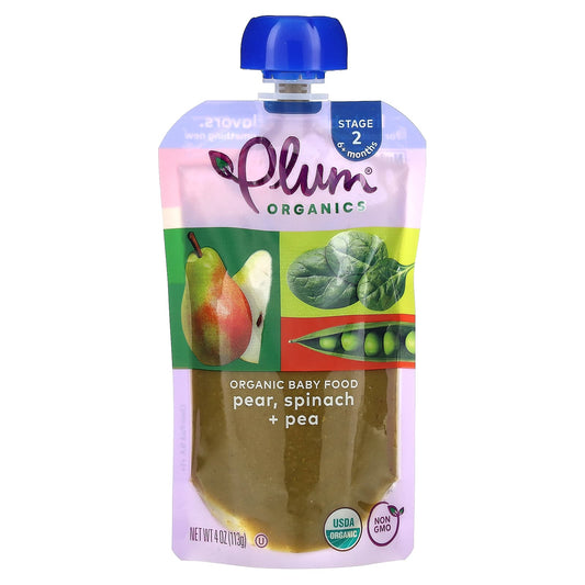 Plum Organics-Organic Baby Food-6+ Months-Pear-Spinach + Pea-4 oz (113 g)