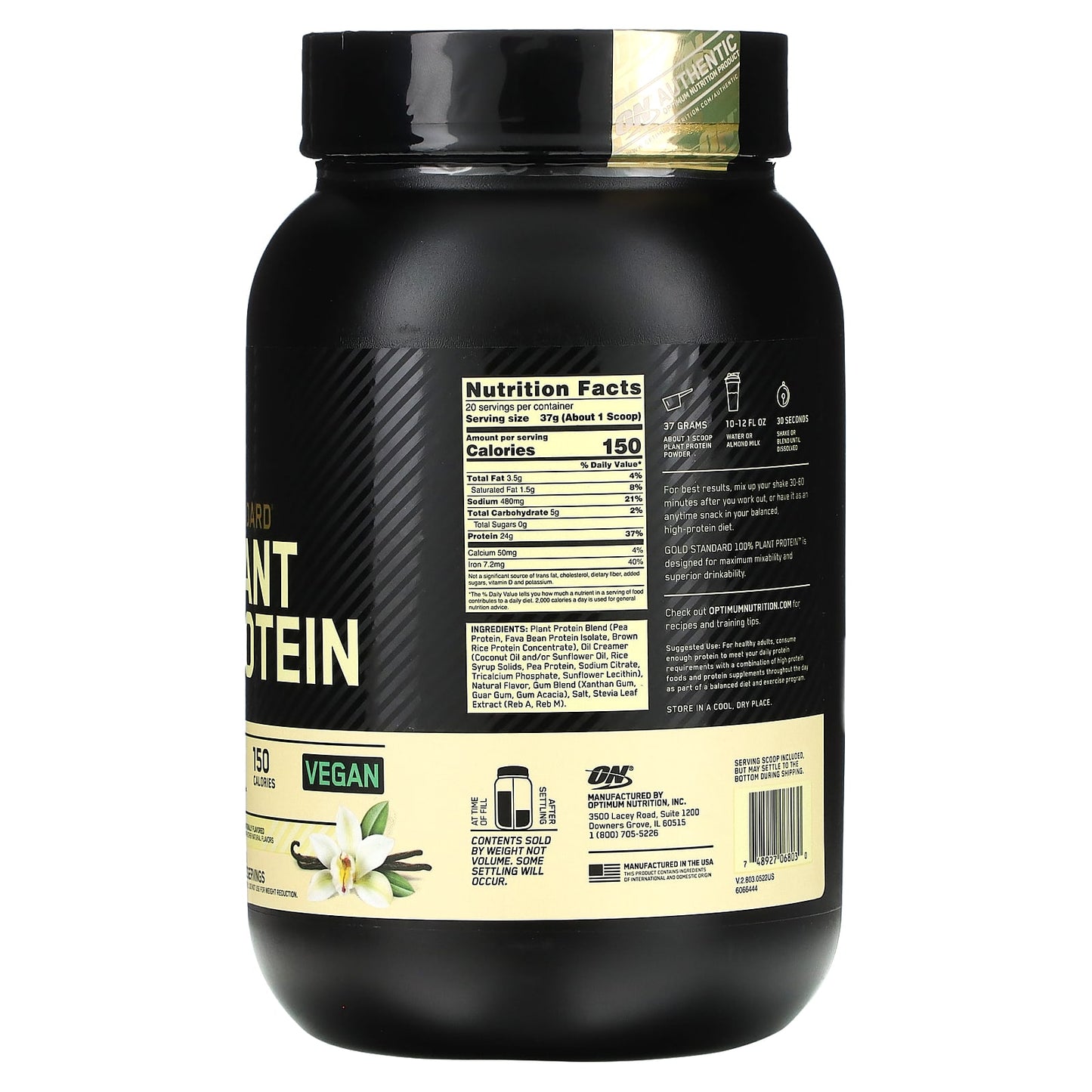 Optimum Nutrition, Gold Standard 100% Plant Protein, Creamy Vanilla, 1.63 lbs (740 g)