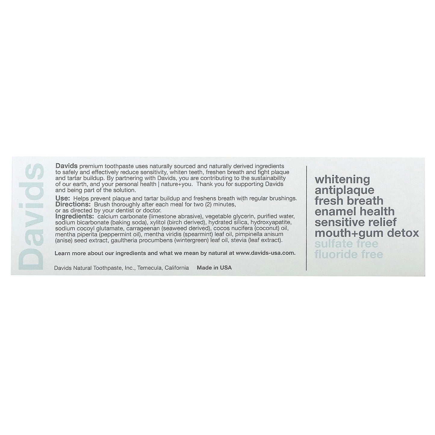 Davids Natural Toothpaste, Premium Toothpaste, Sensitive + Whitening, Natural Peppermint, 1.75 oz (50 g)