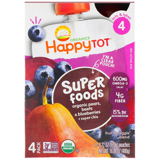 Happy Family Organics-Happy Tot-Super Foods-Stage 4-Organic Pears-Beets & Blueberries + Super Chia-4 Pack-4.22 oz (120 g) Each