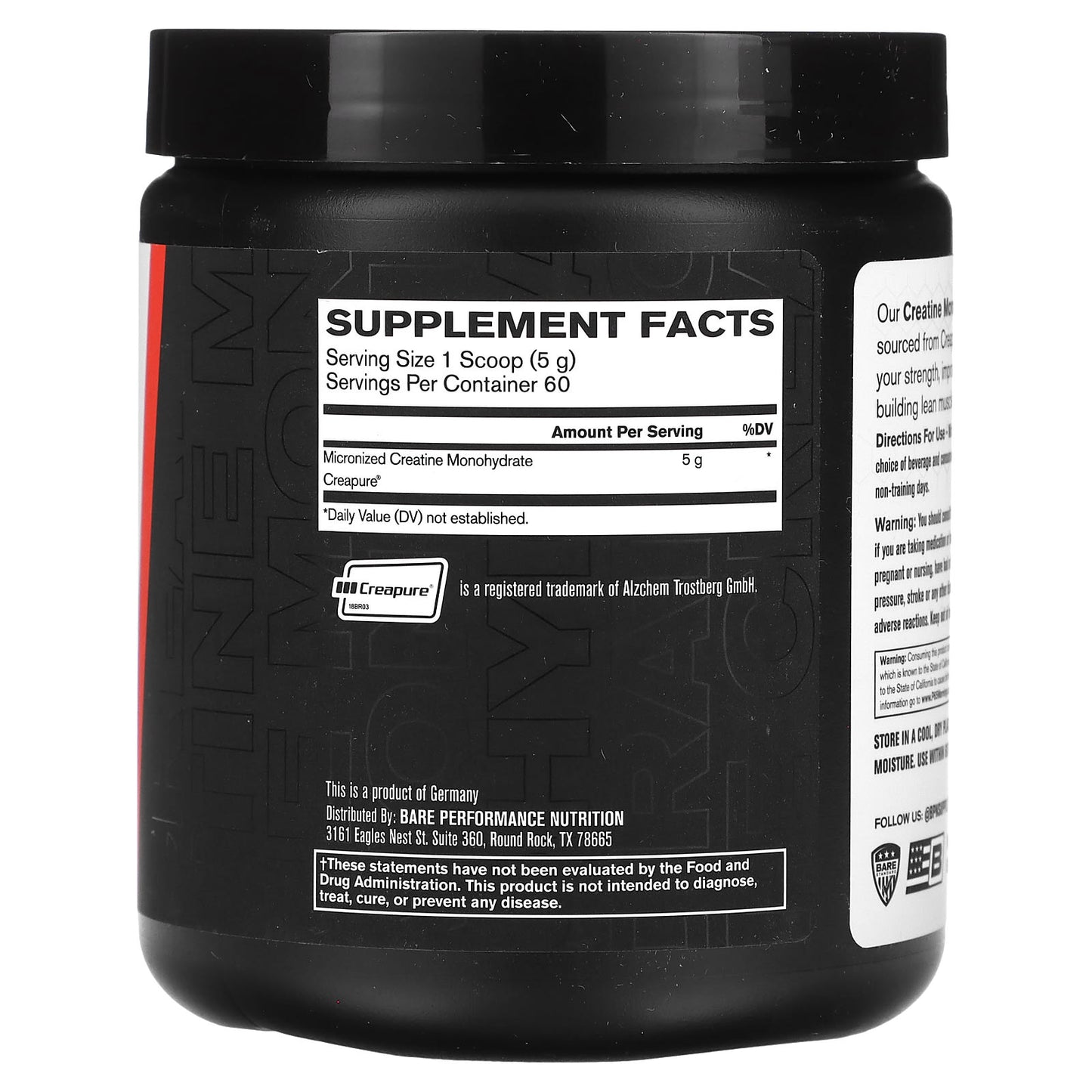 Bare Performance Nutrition, Creatine Monohydrate, Unflavored, 10.6 oz (300 g)