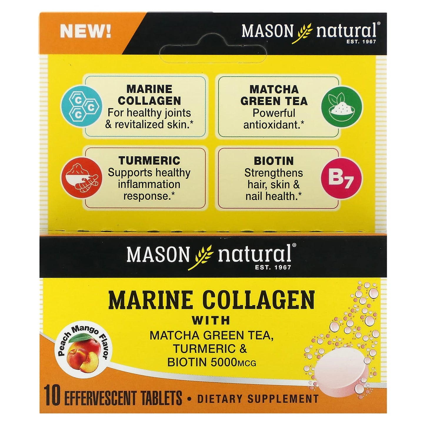 Mason Natural-Marine Collagen with Matcha Green Tea-Turmeric & Biotin-Peach Mango-5,000 mcg-10 Effervescent Tablets