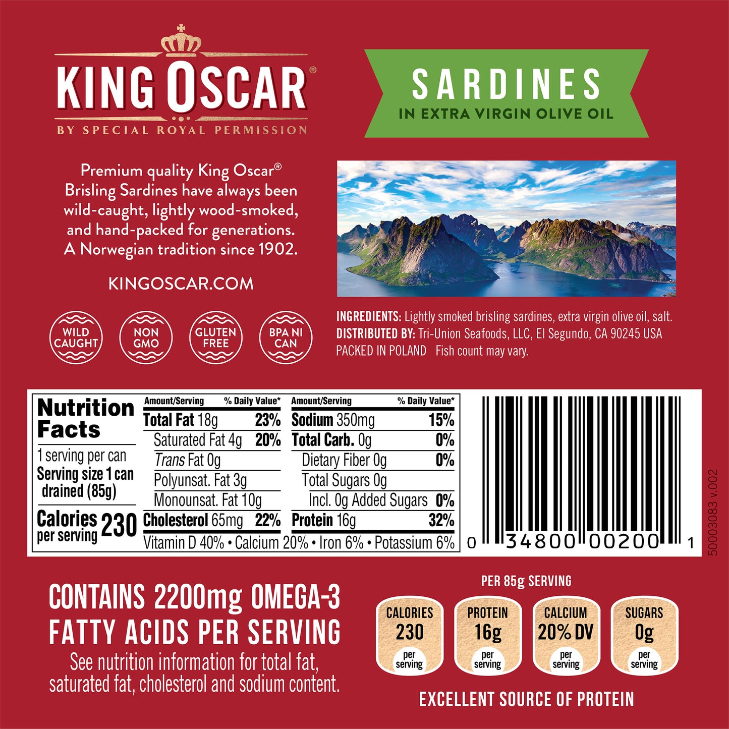 King Oscar, Wild Caught, Sardines In Extra Virgin Olive Oil, Two Layer 12-22 Fish, 3.75 oz (106 g)