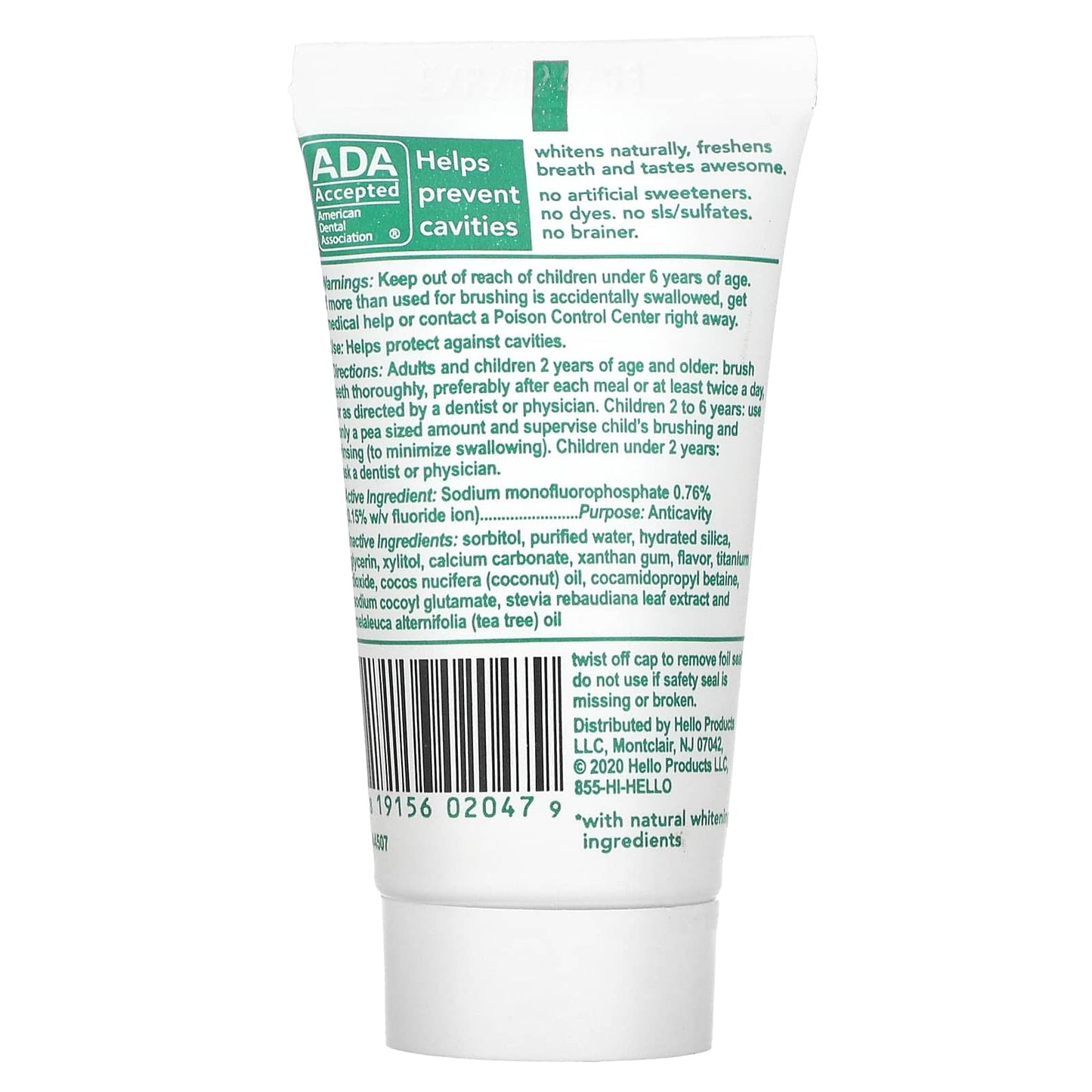 Hello, Naturally Whitening Fluoride Toothpaste, Farm Grown Mint, 1 oz (28.3 g)