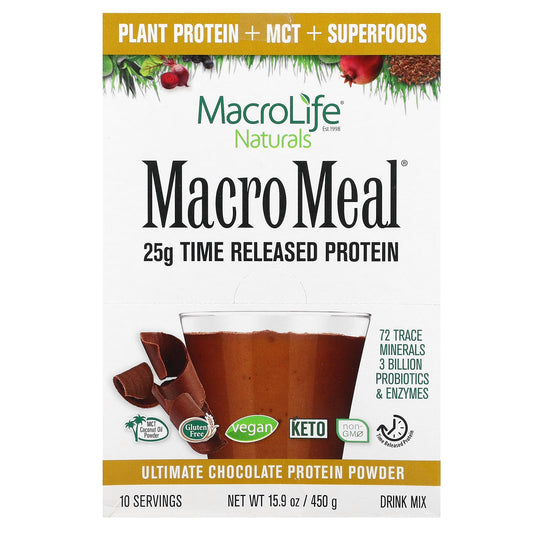 Macrolife Naturals-MacroMeal Ultimate Protein Powder-Chocolate -10 Packets-1.6 oz (45 g) Each