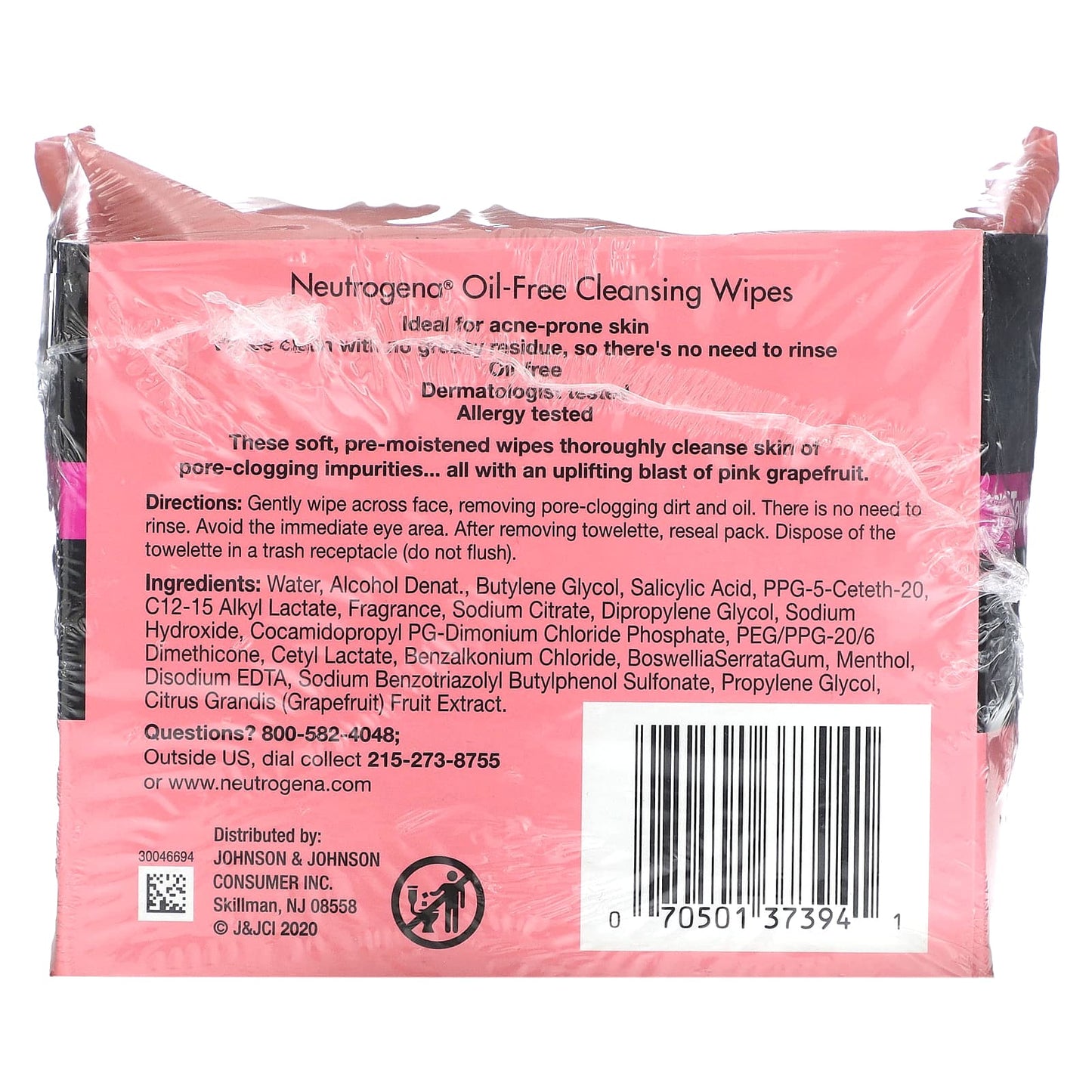 Neutrogena, Oil-Free Cleansing Wipes, Pink Grapefruit, 2 Packs, 25 Pre-Moistened Towelettes Each