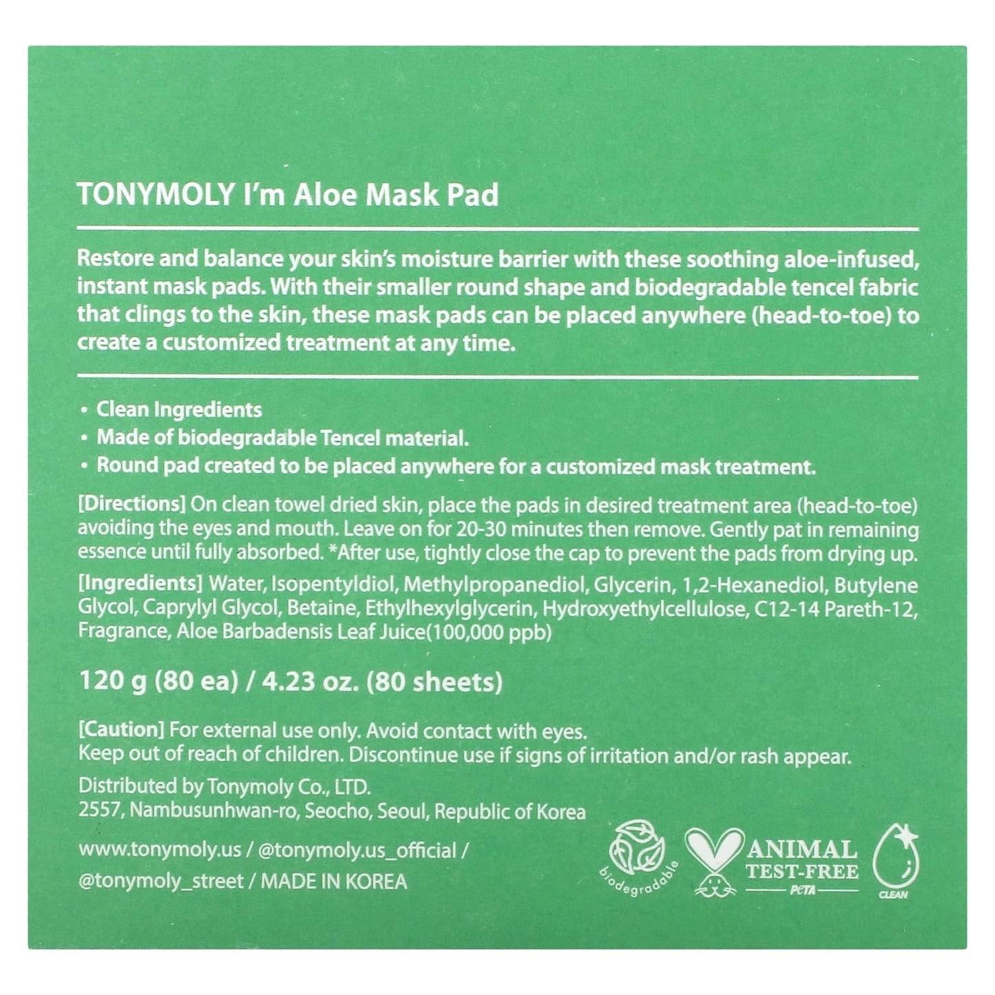 Tony Moly, I'm Aloe, Skin Calming Instant Beauty Mask Pads, 80 Sheets, 4.23 oz (120 g) each