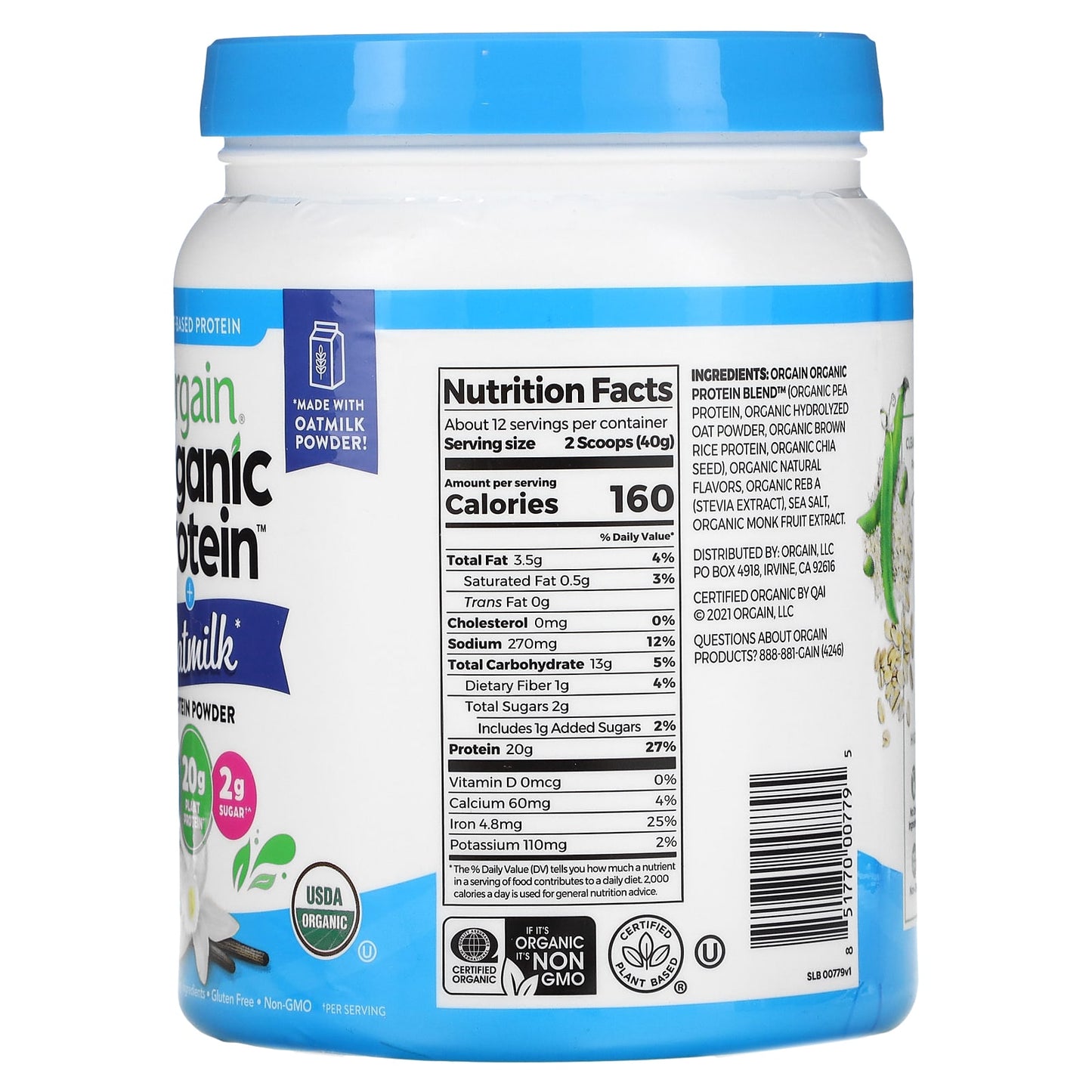 Orgain, Organic Protein Powder + Oatmilk, Plant Based, Vanilla Bean, 1.05 lb (479 g)