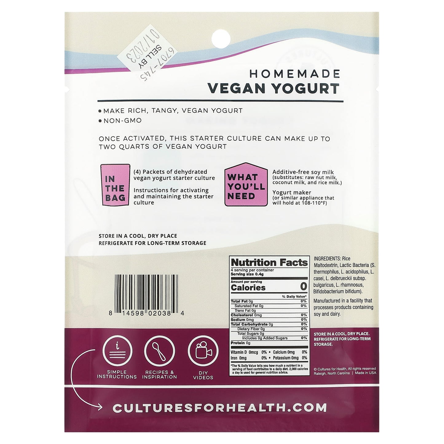 Cultures for Health, Vegan Yogurt, 4 Packets, .06 oz (1.6 g)