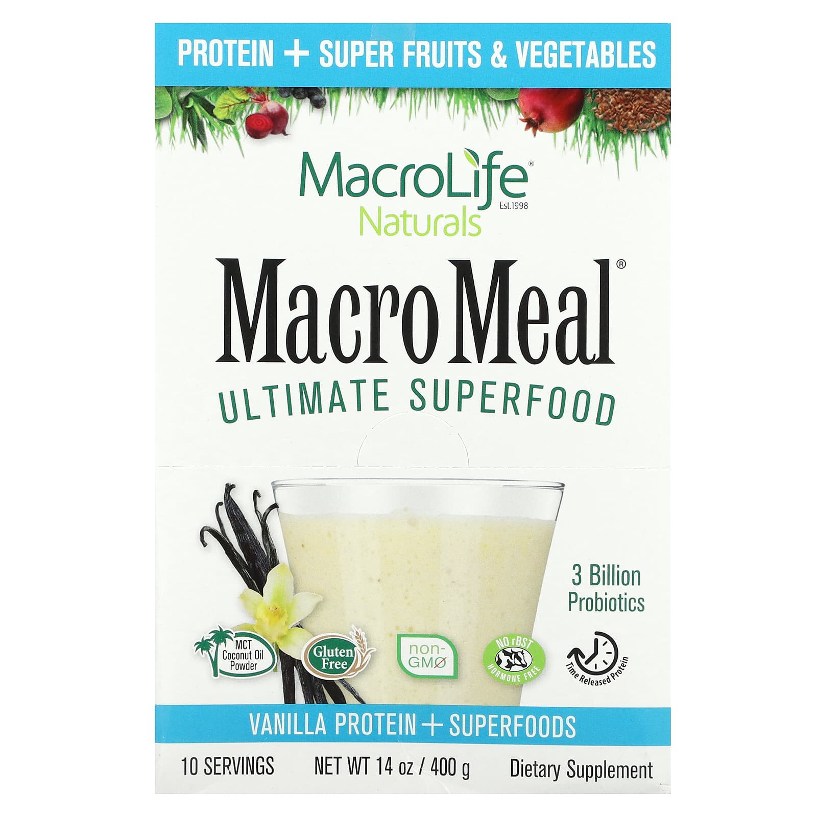 Macrolife Naturals-MacroMeal-Ultimate Superfood-Vanilla-10 Packets-1.4 oz (40 g) Each