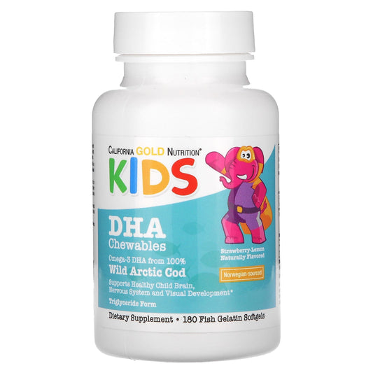 California Gold Nutrition-KIDS DHA Chewables-100% Wild Arctic Cod-Strawberry-Lemon Flavor-180 Fish Gelatin Softgels