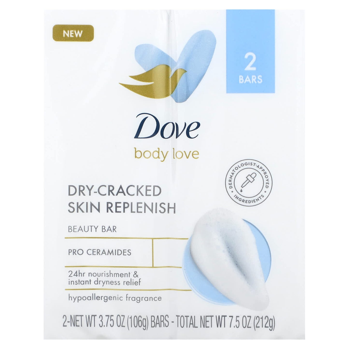 Dove, Body Love, Beauty Bar Soap, Dry-Cracked Skin Replenish, 2 Bars, 3.75 oz (106 g) Each