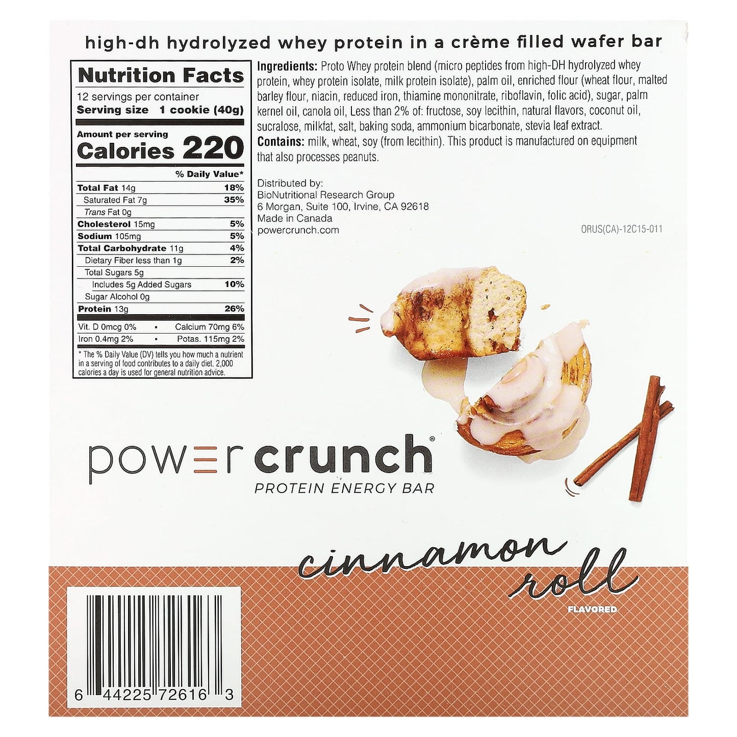 BNRG, Power Crunch Protein Energy Bar, Cinnamon Roll, 12 Bars, 1.4 oz (40 g) Each