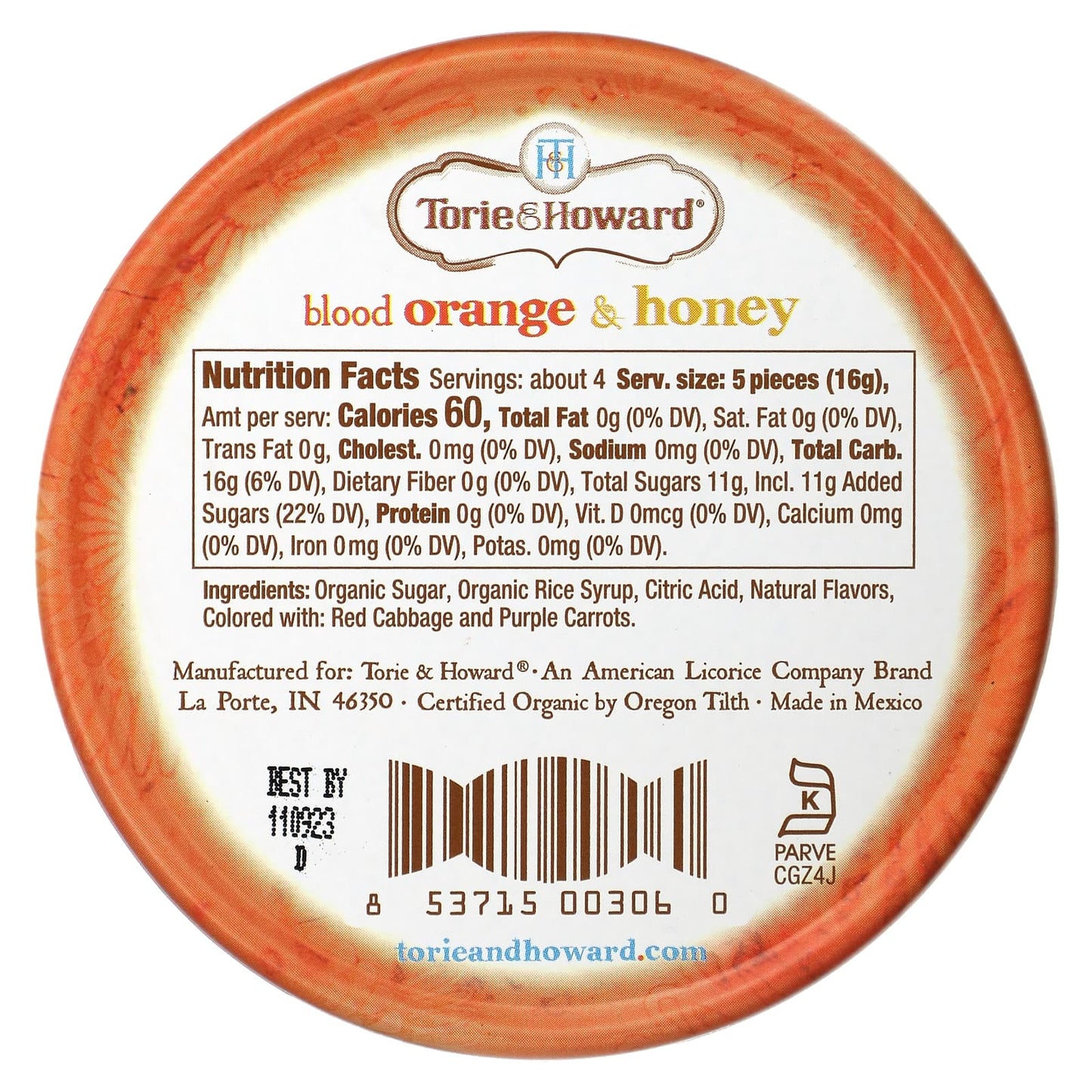 Torie & Howard, Organic Hard Candy, Blood Orange & Honey, 2 oz (57 g)