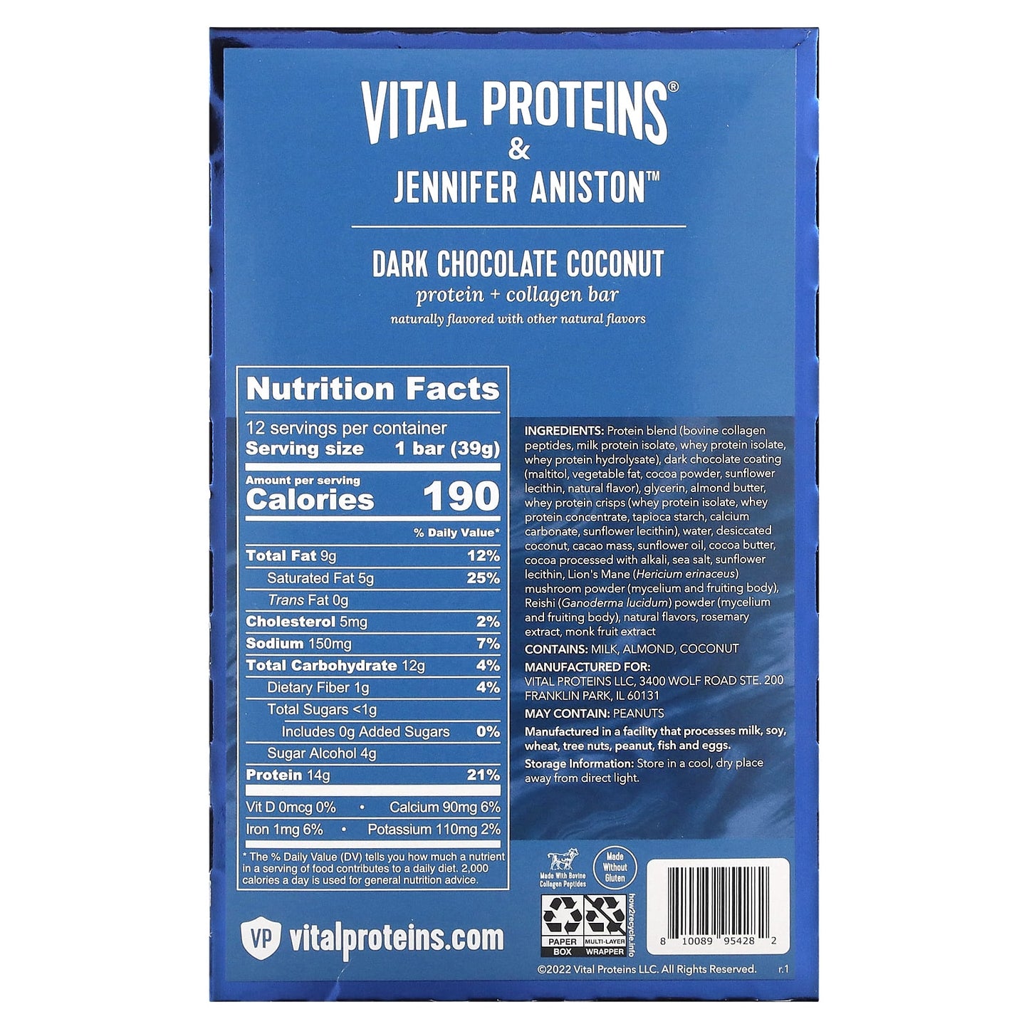 Vital Proteins, Protein + Collagen Bar, Dark Chocolate Coconut, 12 Bars, 1.38 oz (39 g) Each